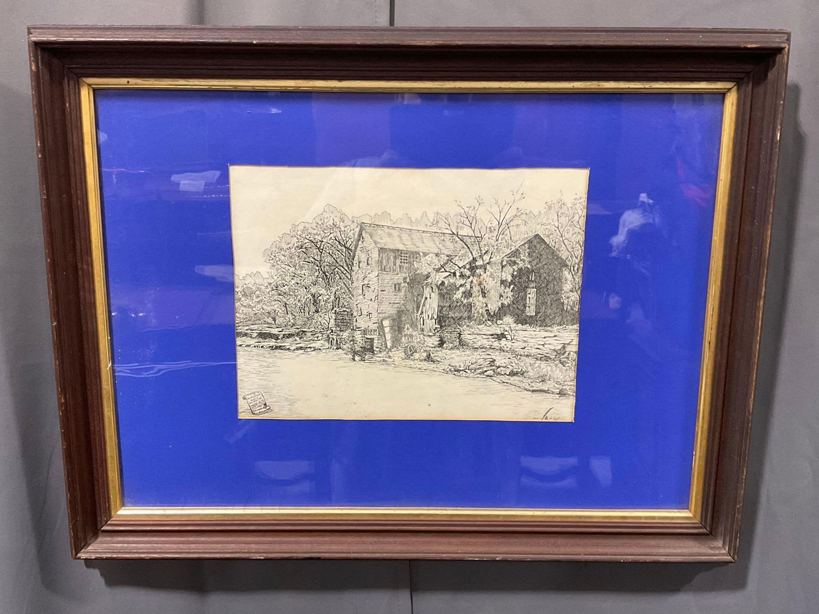 Vintage 1954 Pen Drawing of The Dallas Mill by De Kiefer, 24h x 30w x 4d inches: Appears to be in good shape. The piece measures approx 24h x 30w x 4d inches. See pics. E-5130 