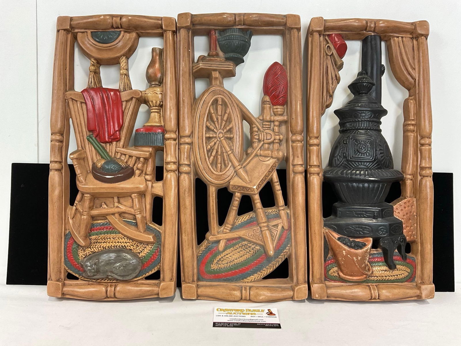 Trio of 3D Chalkware Wall Hangings, Rocking Chair, Spinning Wheel & Cast Iron Furnace, 18 x 9 inc...: Appears to be in good shape, some small signs of wear. The piece measures approx 5h x 18w x 9d inches. See pics. E-4870 