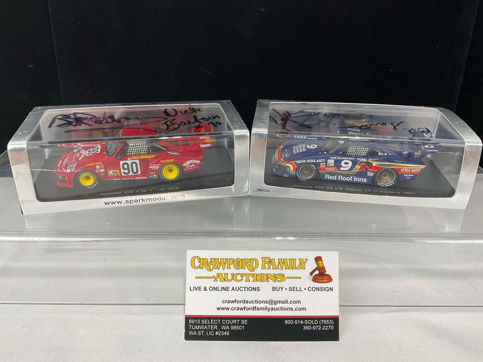 Pair of 1/43 Scale Diecast Car Models, 1978 & 1981 Porsche 935, signed by 4 drivers: The covers are signed by the drivers, Brian Redman 2x, Dick Barbour, Bobby Rahal & Bob Garretson. Appears to be in good shape. The piece measures approx 6h x 7w x 4d inches. See pics. E-5420