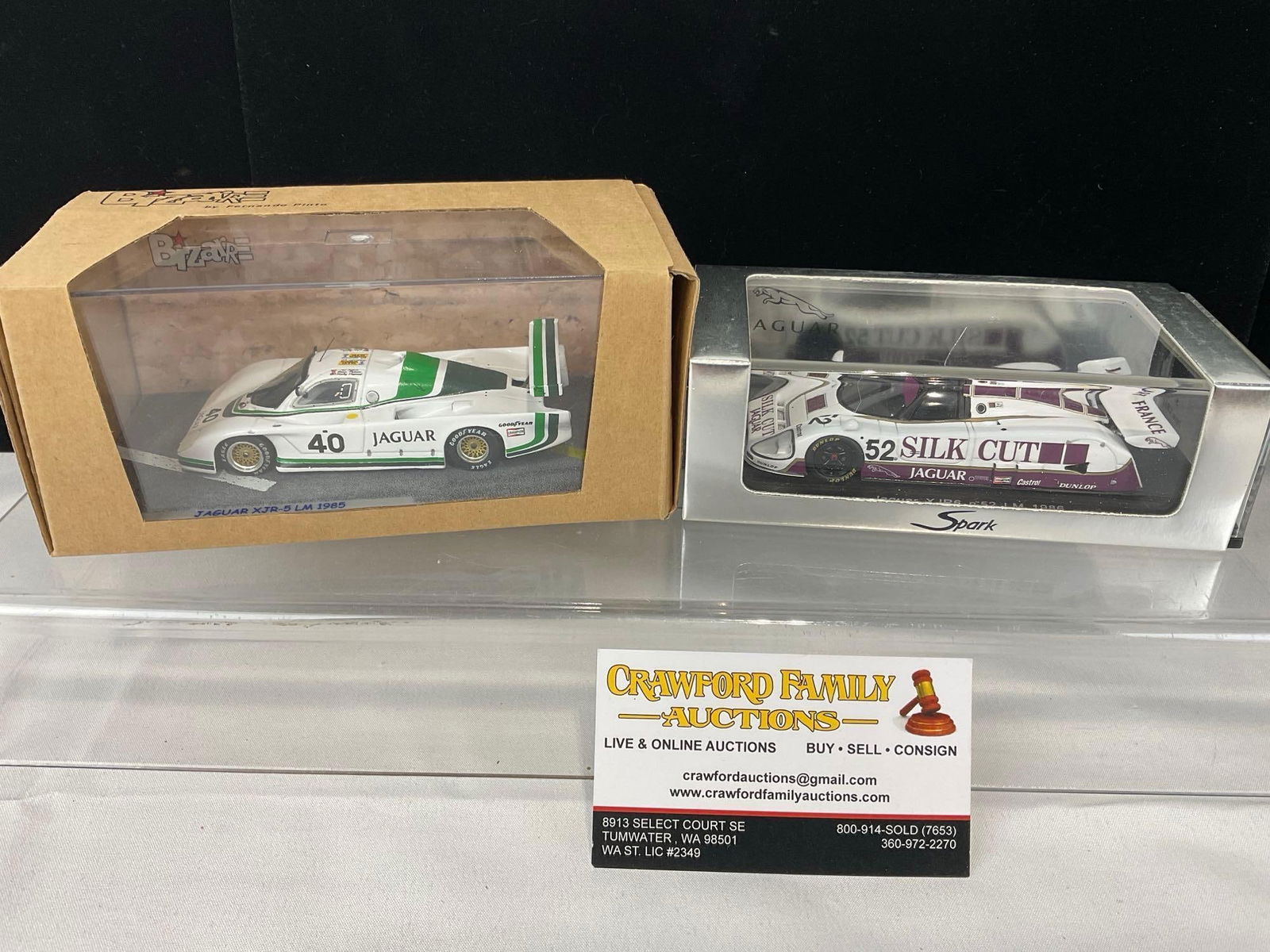 Pair of 1/43 Scale Diecast Car Models, 1985 & 6 Jaguar XJR5 & -6, Le Mans 24H Brian Redman: Appears to be in good shape. The piece measures approx 6h x 7w x 4d inches. See pics. E-5420