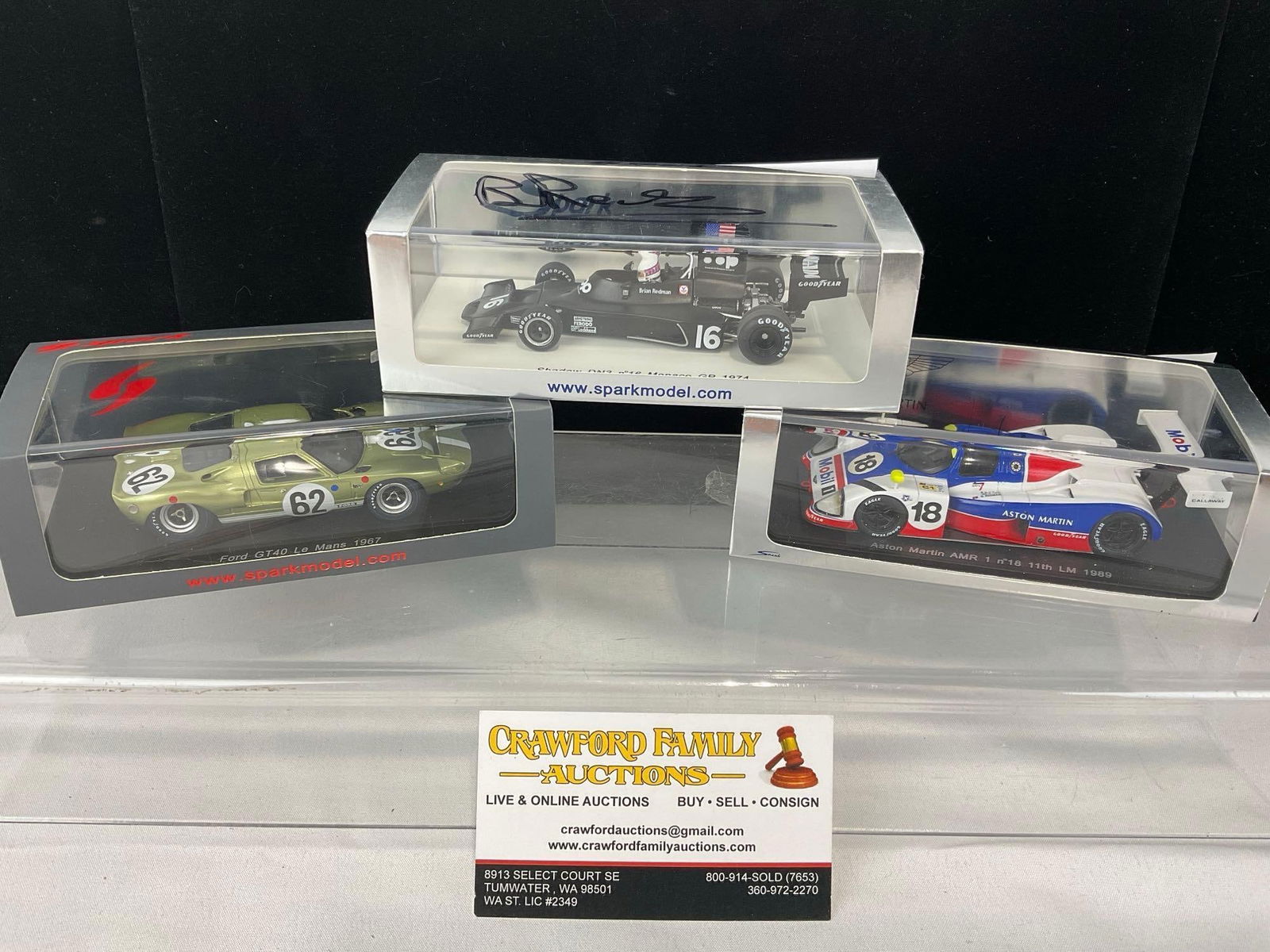 3 Spark 1/43 Scale Diecast Car Models, 1967 Ford GT40, 1974 Shadow DN3 & 1989 Aston Martin, 1 sig...: The Shadow piece is signed by Brian Redman. Appears to be in good shape. The piece measures approx 7h x 7w x 4d inches. See pics. E-5420