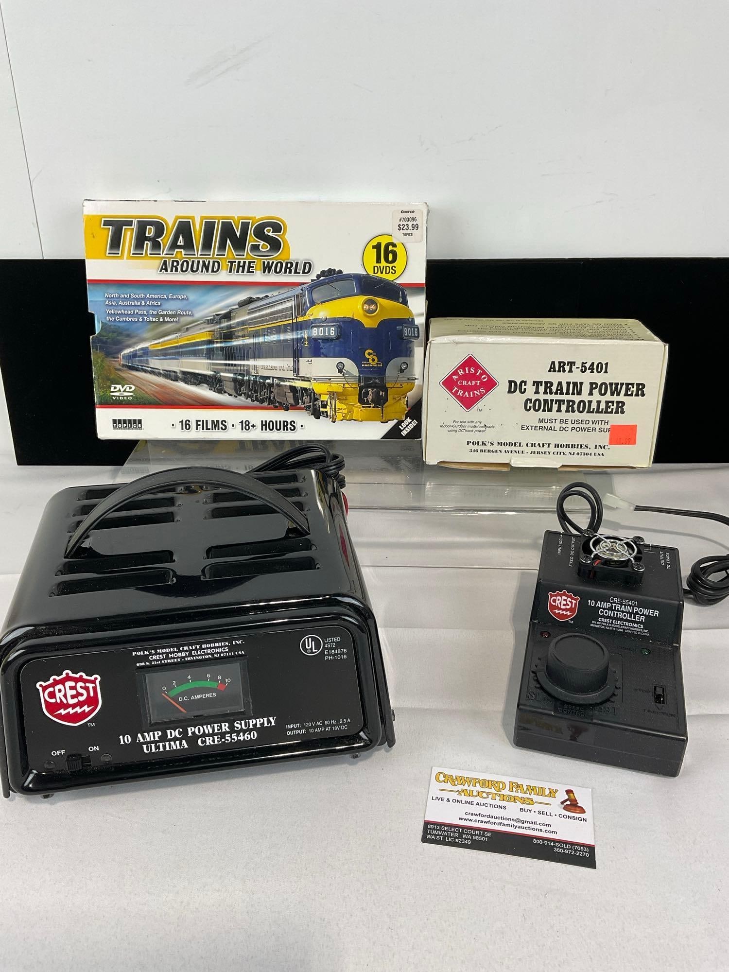 Crest 10 AMP DC Power Supply CRE-55460, Train Controller ART5401, 16 Trains Around the World DVDs: Appears to be in good shape. The piece measures approx 11h x 12w x 10d inches. See pics. E-5560 