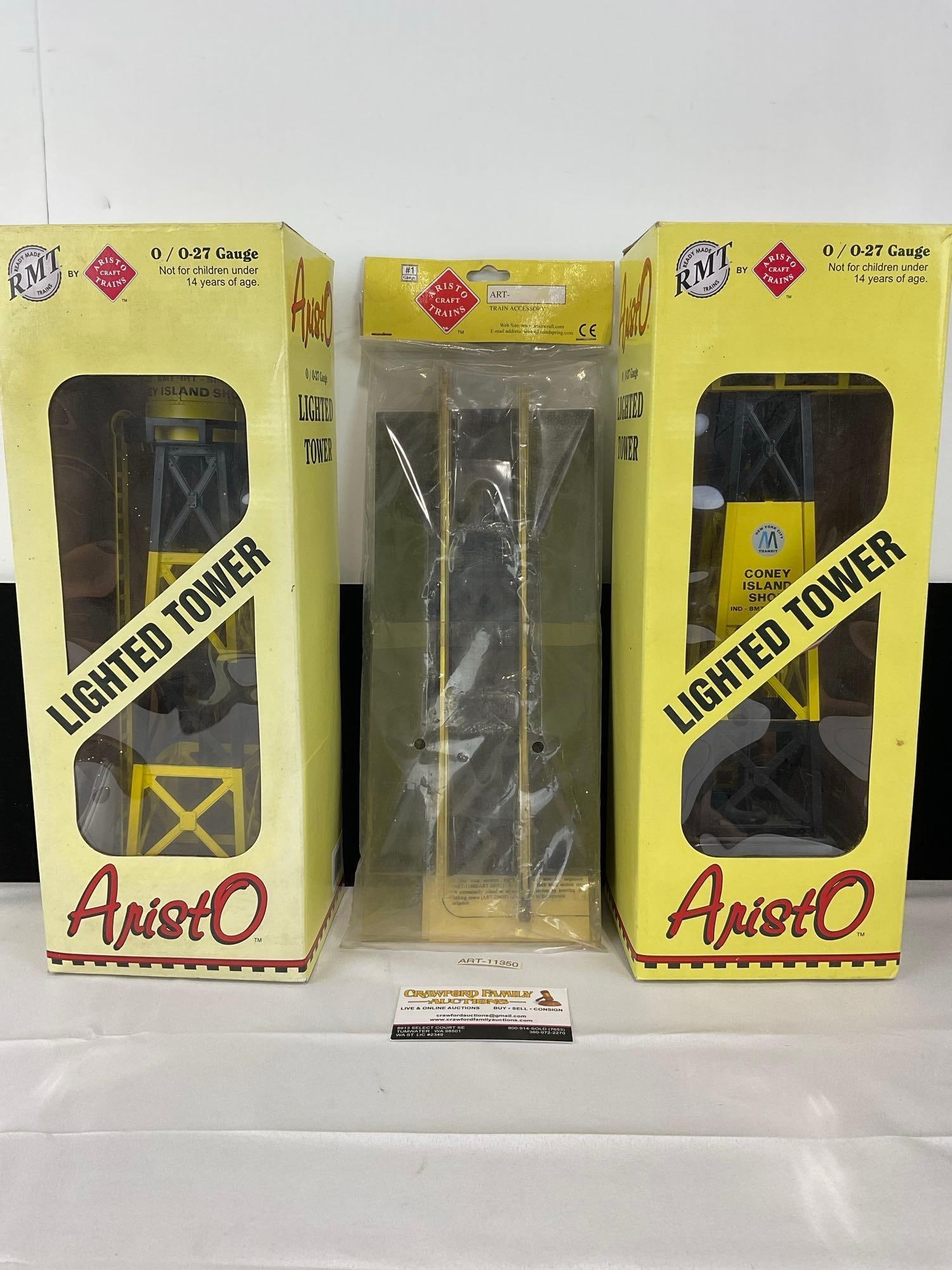 Water & Light Towers, 0/0-27 Gauge, RMT by Aristo Craft, 99531-73 & 99533-73 & Track, w/ boxes: Lighted Blinking Water Tower 99531-73 NY Subway & Rail Yard Light Tower 99533-73 NY Subway. Appears to be in good shape. The piece measures approx 10h x 7w x 16d inches. See pics. E-5560 