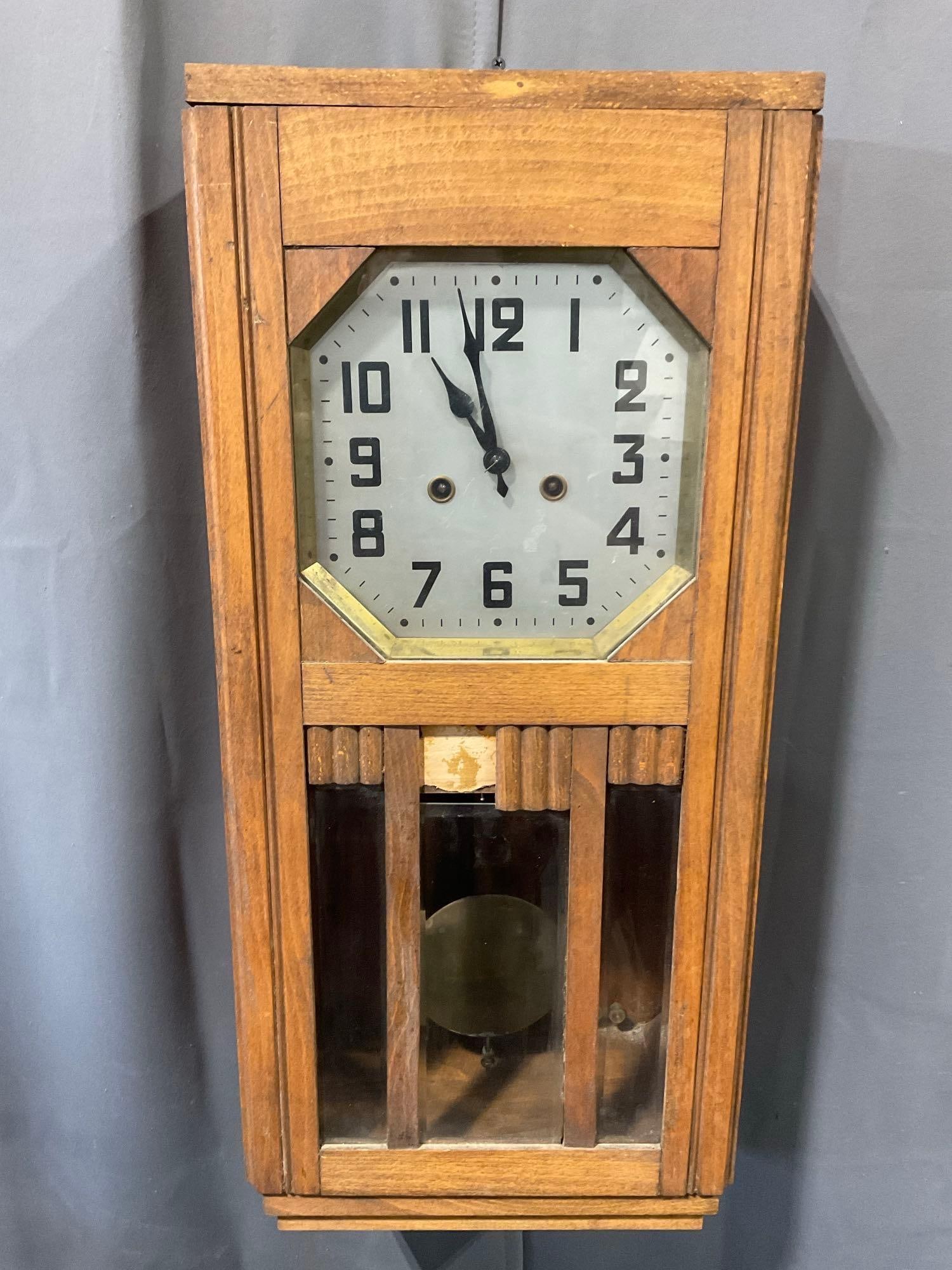 Early 20th Century 1930s Art Deco Wall Clock Pendulum, Time Strike Chime, Junghans(?), 25x13x7 inch (1 of 6)