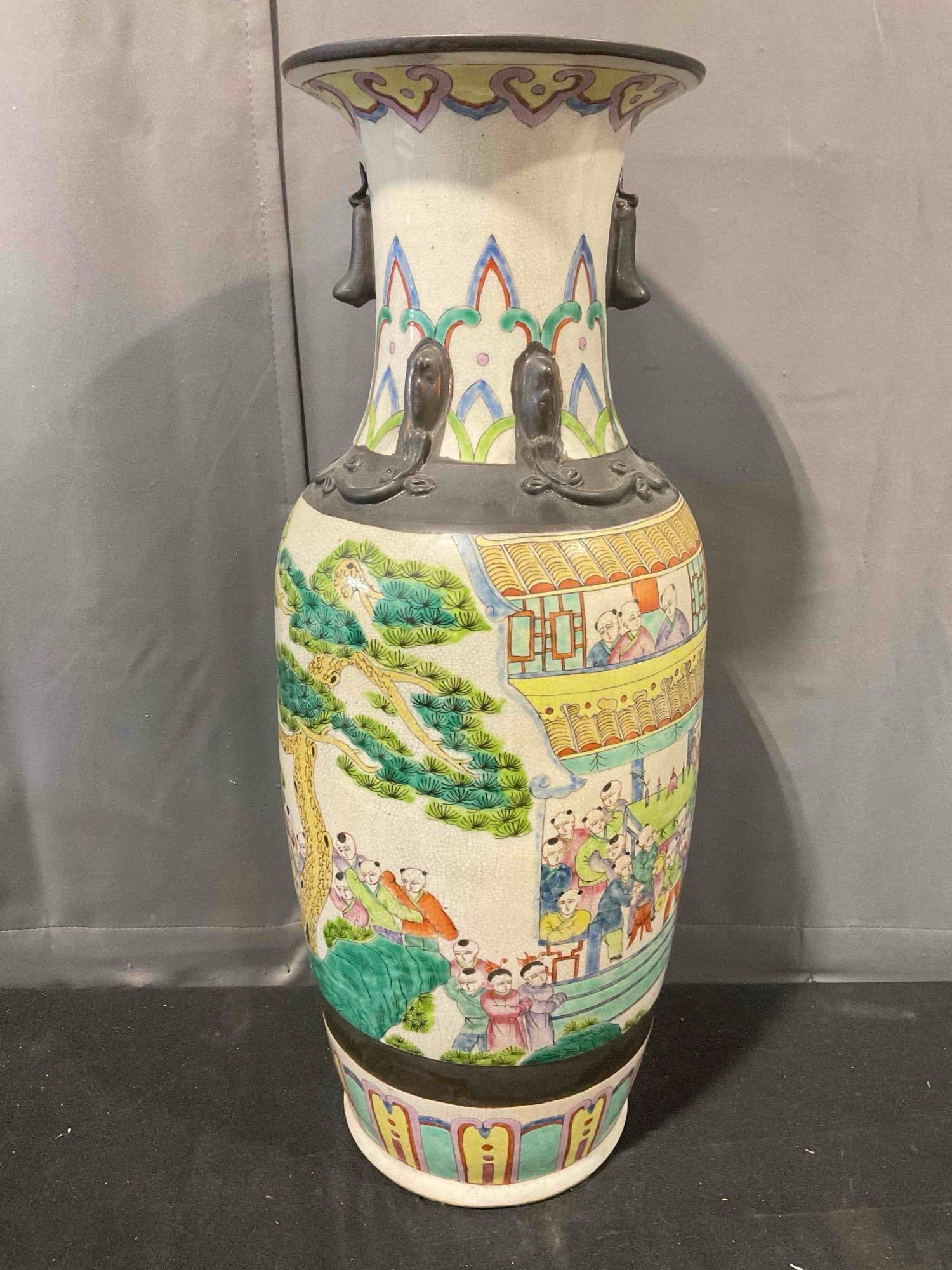 Vintage Chinese Famille Rose Style Floor Vase w/ Dragon & Children Design. Excellent Condition.: Vintage Chinese Famille Rose Style Floor Vase w/ Dragon & Children Design. Excellent Condition. Measures 9" x 9" x 25" DM-5520 *Oversized shipping may apply* 