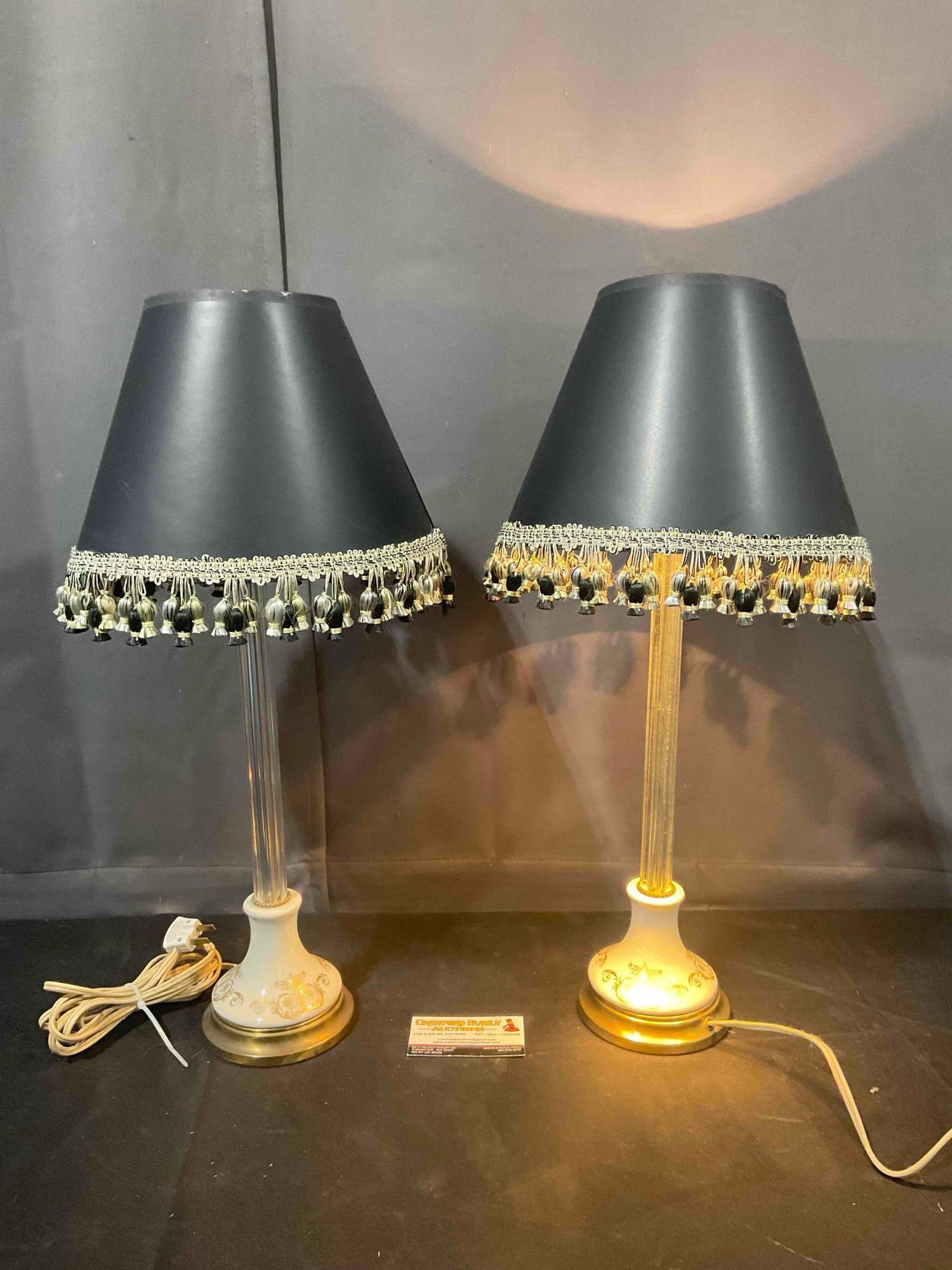 Pair of Vintage Glass & Ceramic Table Lamps w/ Black Fabric Shades. Tested, Work. See pics.: Pair of Vintage Glass & Ceramic Table Lamps w/ Black Fabric Shades. Tested, Work. Minor wear to shades, condition is otherwise very good. Measures 9" x 9" x 22" DM-5520 *Oversized shipping