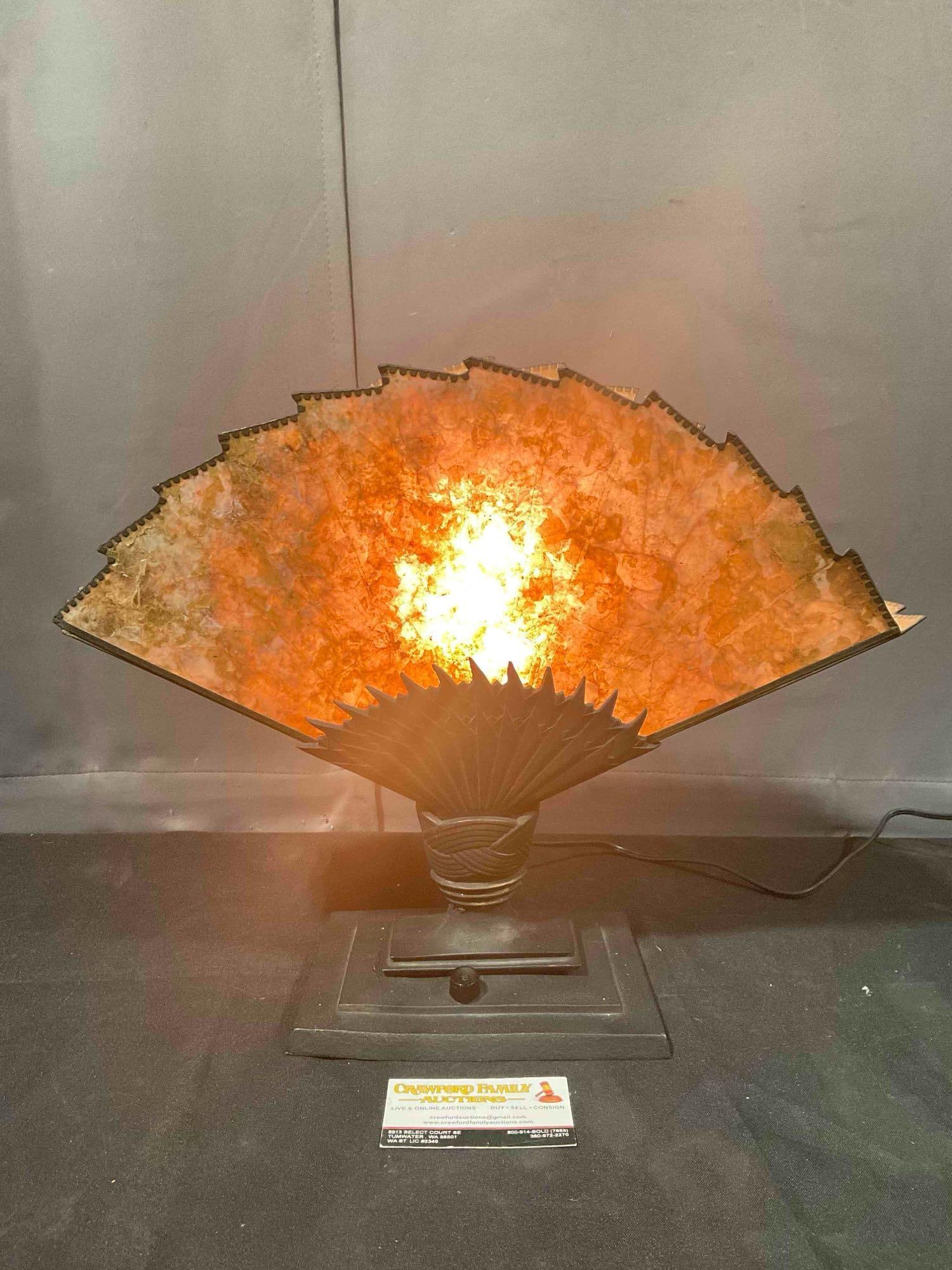 Vintage Art Deco Style Metal & Mica Fan Lamp. Tested, Works. Very Good Condition. See pics.: Vintage Art Deco Style Metal & Mica Fan Lamp. Tested, Works. Very Good Condition. Base is cracked, condition is otherwise very good. Measures 17" x 6" x 15" DM-5520 Fragile! 