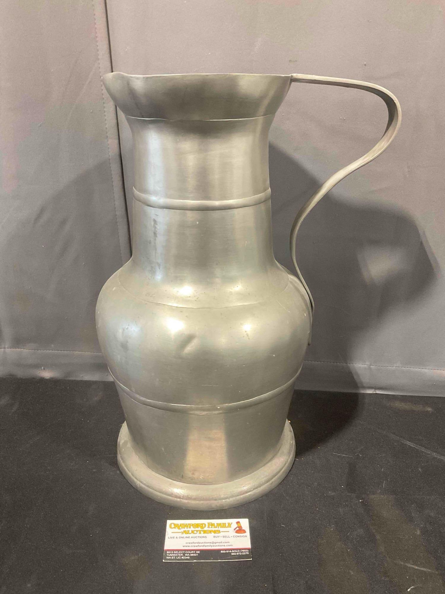 Large Pewter? Metal Pitcher Urn Vase. Excellent Condition. See pics.: Large Pewter? Metal Pitcher Urn Vase. Could be German? Excellent Condition. Measures 14" x 10" x 18" DM-5520 