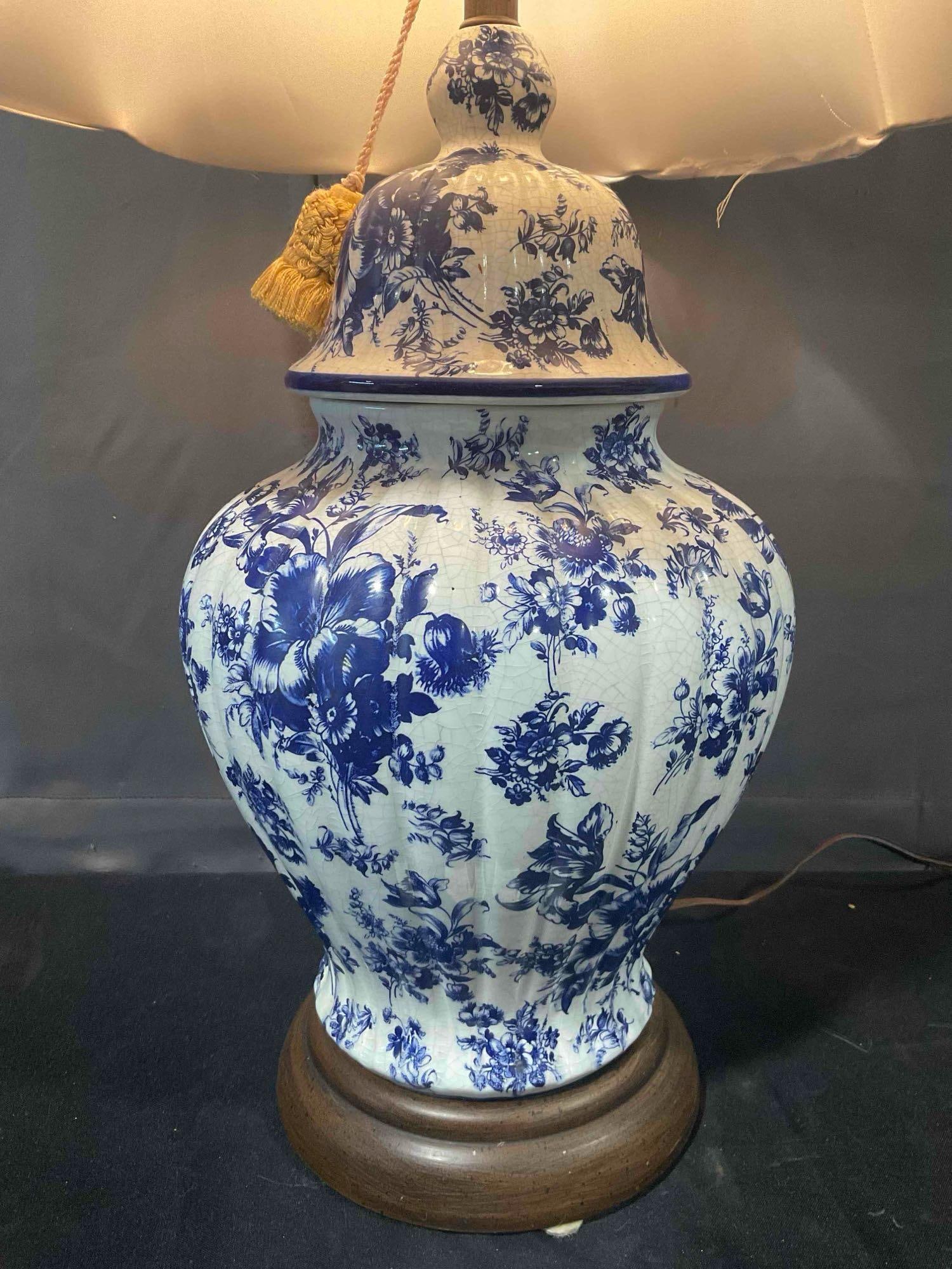 Vintage Blue & White Ceramic Urn Lamp w/ Cream Cloth Shade. Tested, Works. Excellent Cond. - 4