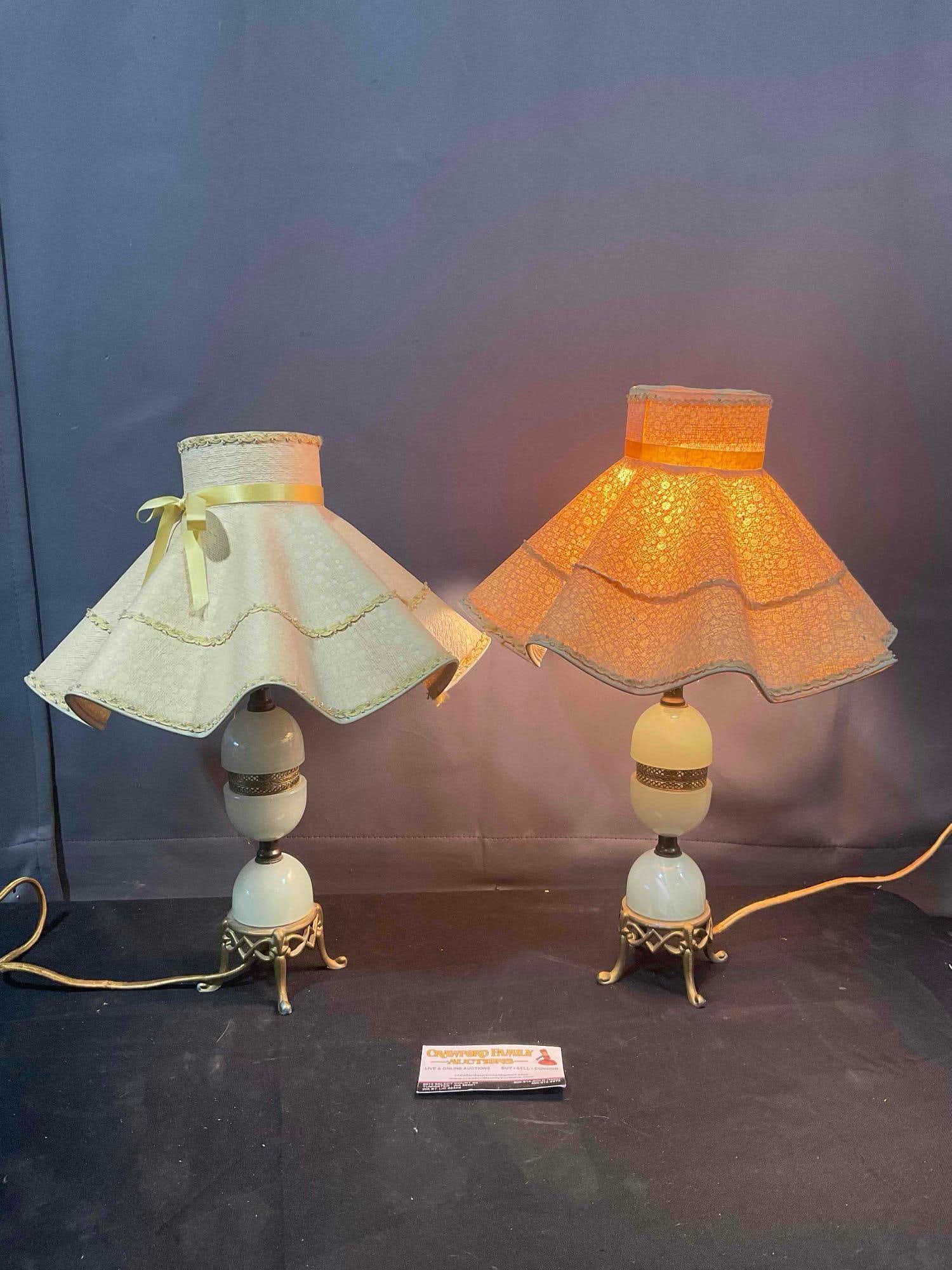 Pair of Vintage Jade Glass & Brass Table Lamps w/ Paper? Shades. Tested, Work. Excellent Cond.: Pair of Vintage Jade Glass & Brass Table Lamps w/ Paper? Shades. Tested, Work. Excellent Condition. Minor wear to shades, condition is otherwise very good. Measures 12" x 12" x 17" DM-5520
