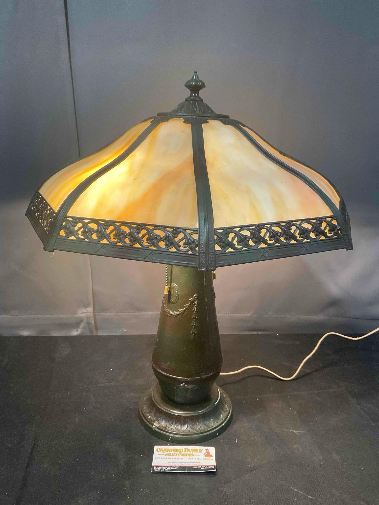 Antique Metal Table Lamp w/ 8-Panel Slag Glass Shade. Tested, Works. Very Good Condition. (1 of 8)