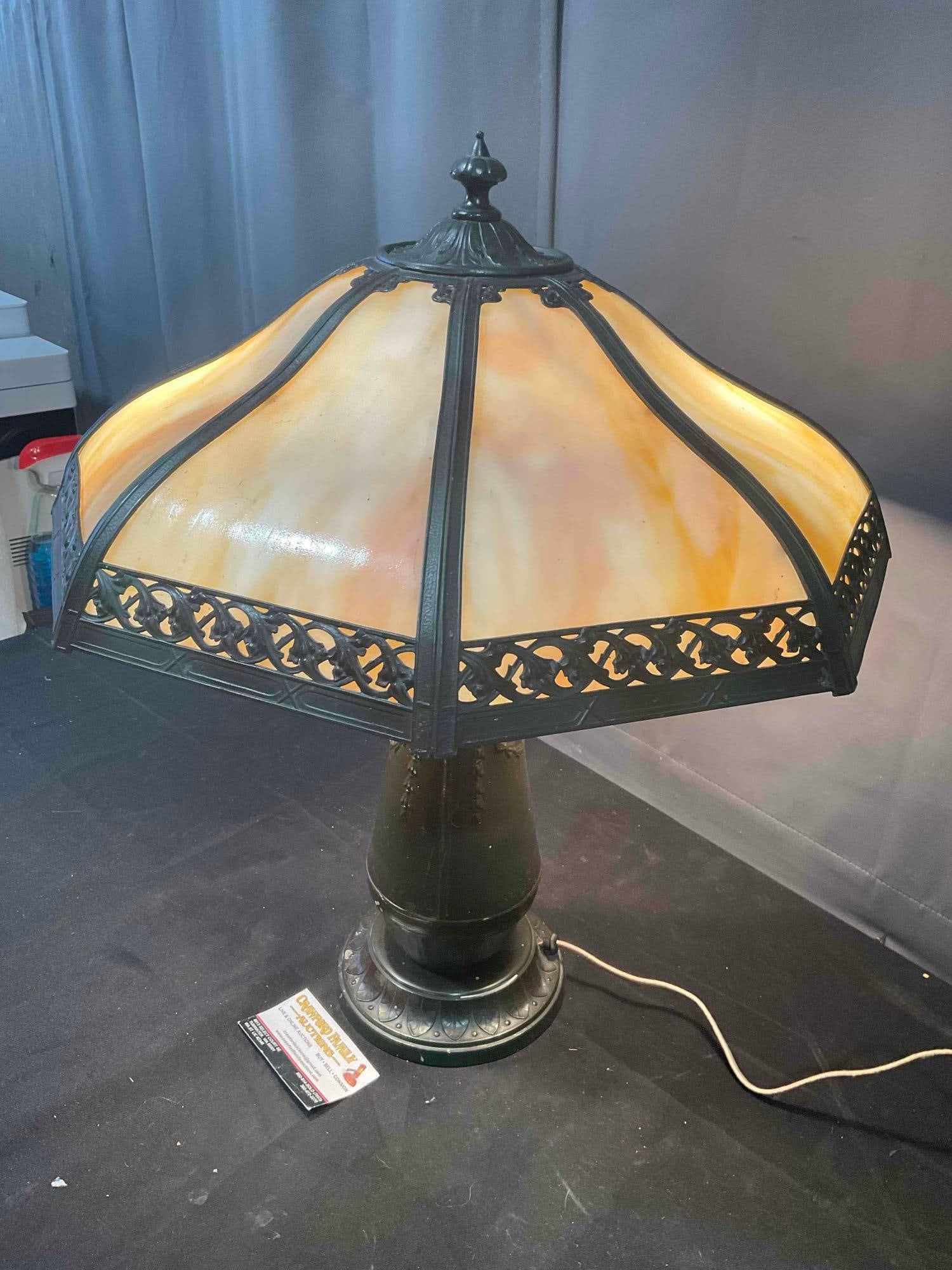 Antique Metal Table Lamp w/ 8-Panel Slag Glass Shade. Tested, Works. Very Good Condition. - 2