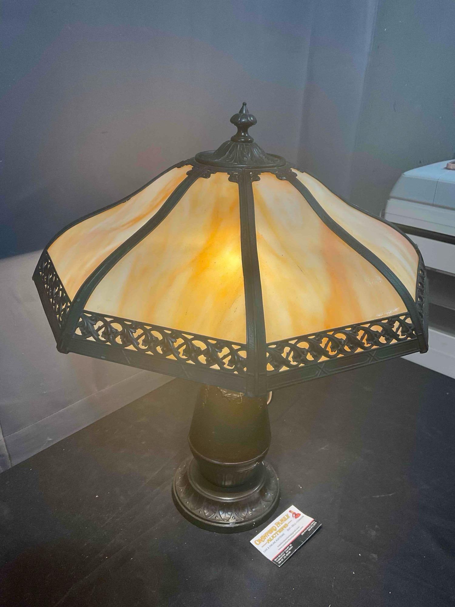 Antique Metal Table Lamp w/ 8-Panel Slag Glass Shade. Tested, Works. Very Good Condition. - 3
