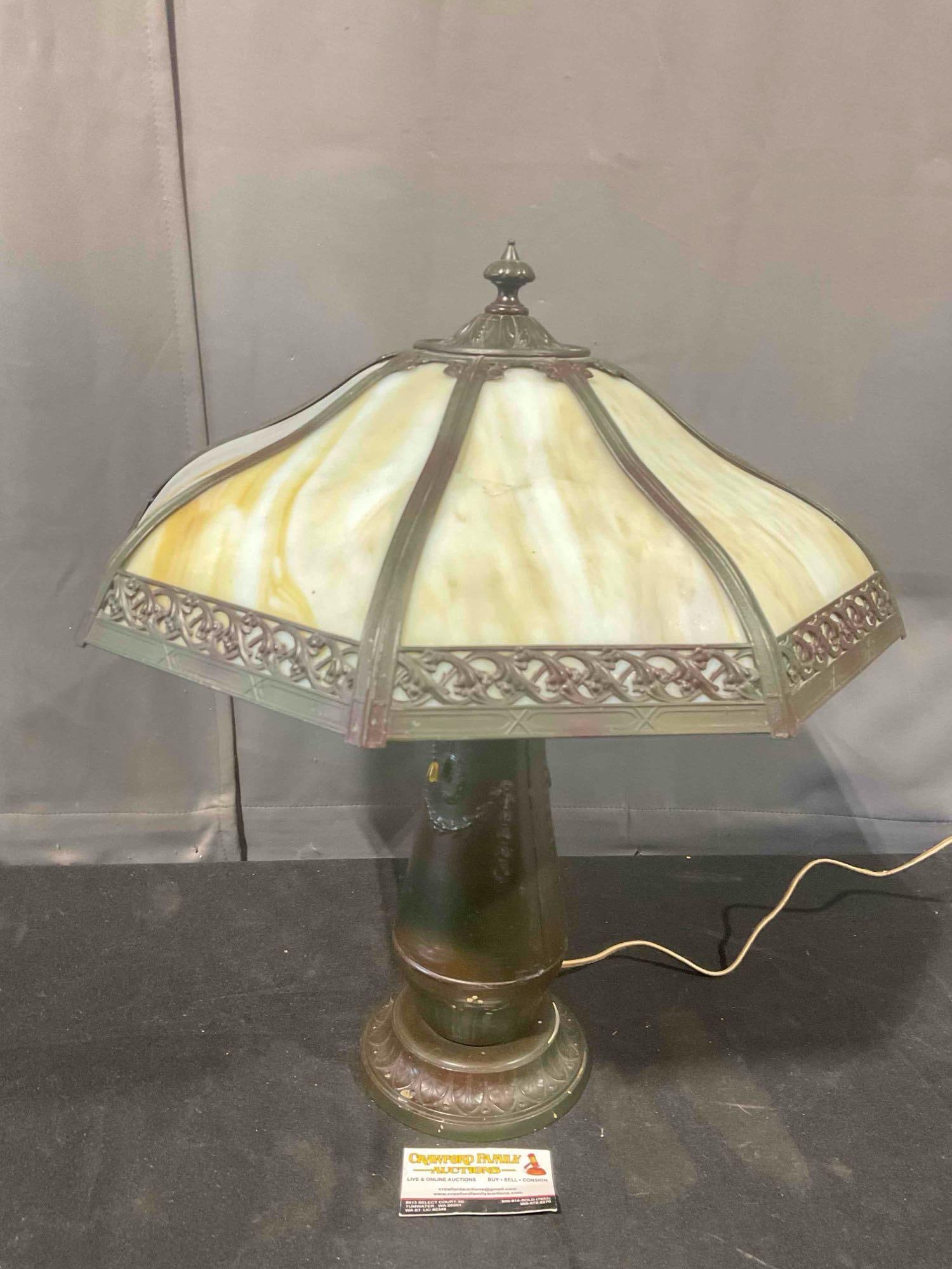 Antique Metal Table Lamp w/ 8-Panel Slag Glass Shade. Tested, Works. Very Good Condition. - 6