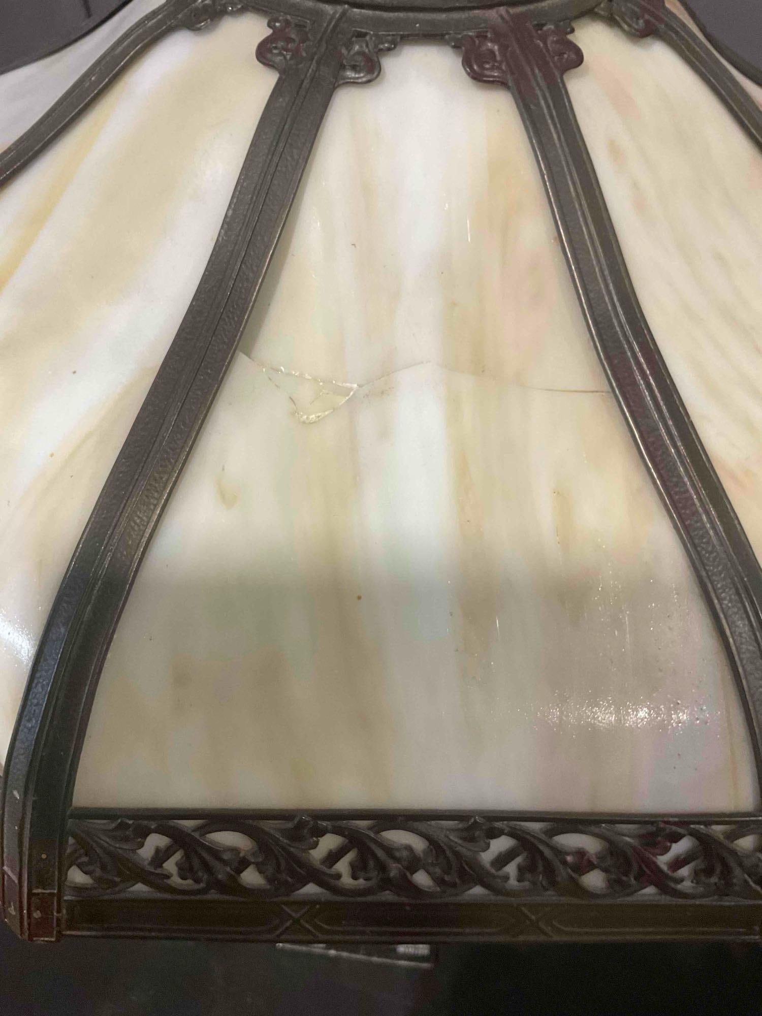 Antique Metal Table Lamp w/ 8-Panel Slag Glass Shade. Tested, Works. Very Good Condition. - 7