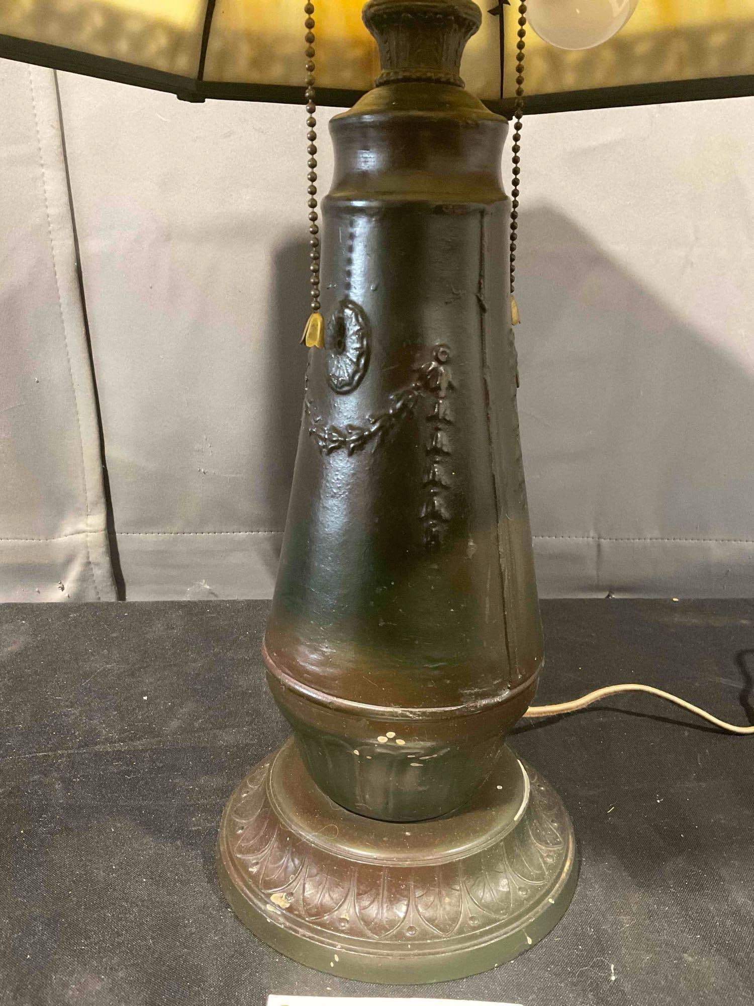 Antique Metal Table Lamp w/ 8-Panel Slag Glass Shade. Tested, Works. Very Good Condition. - 8