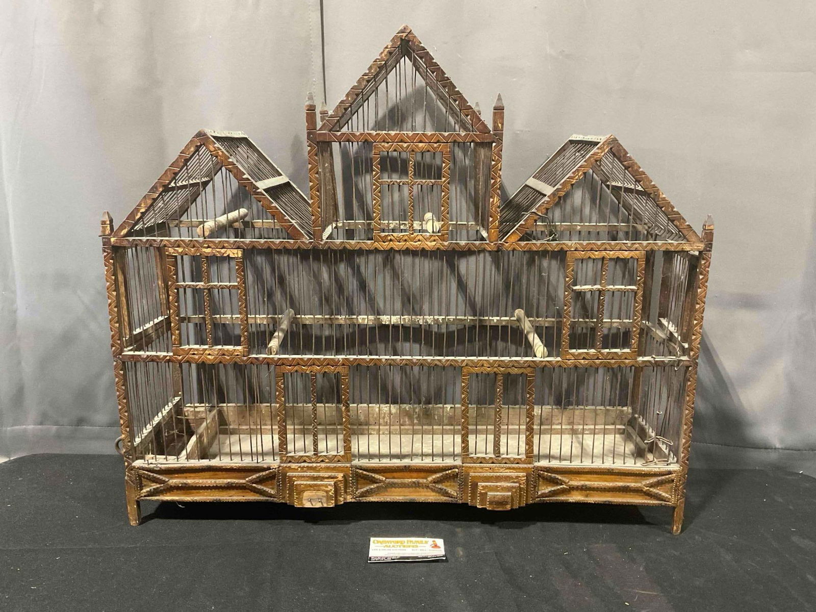 Beautiful Antique Wood & Wire Bird Cage. Very Good Condition. See pics.: Beautiful Antique Wood & Wire Bird Cage. Very Good Condition. Missing a piece of decorative trim, needs a dusting, condition is otherwise very good. Measures 28" x 8" x 24" DM-5520 