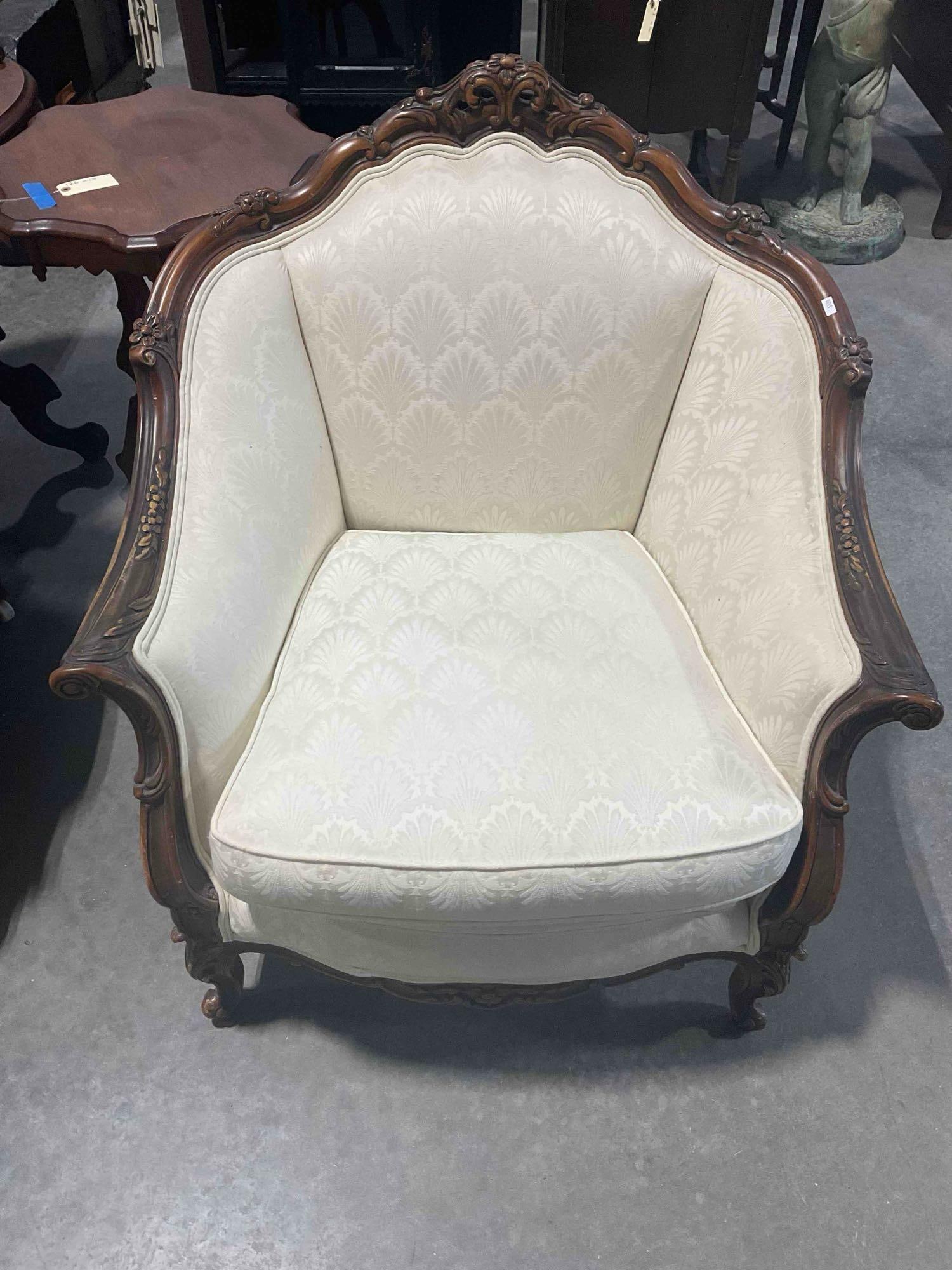 Antique Louis XV Bergere Style Armchair w/ Beautiful Ivory Scalloped Fabric. Excellent Condition.: Antique / Vintage Louis XV Bergere Style Armchair w/ Beautiful Professionally reupholstered Ivory Scalloped Fabric. Fabric could be damask? Custom Crafted? Excellent Condition. Cushion is