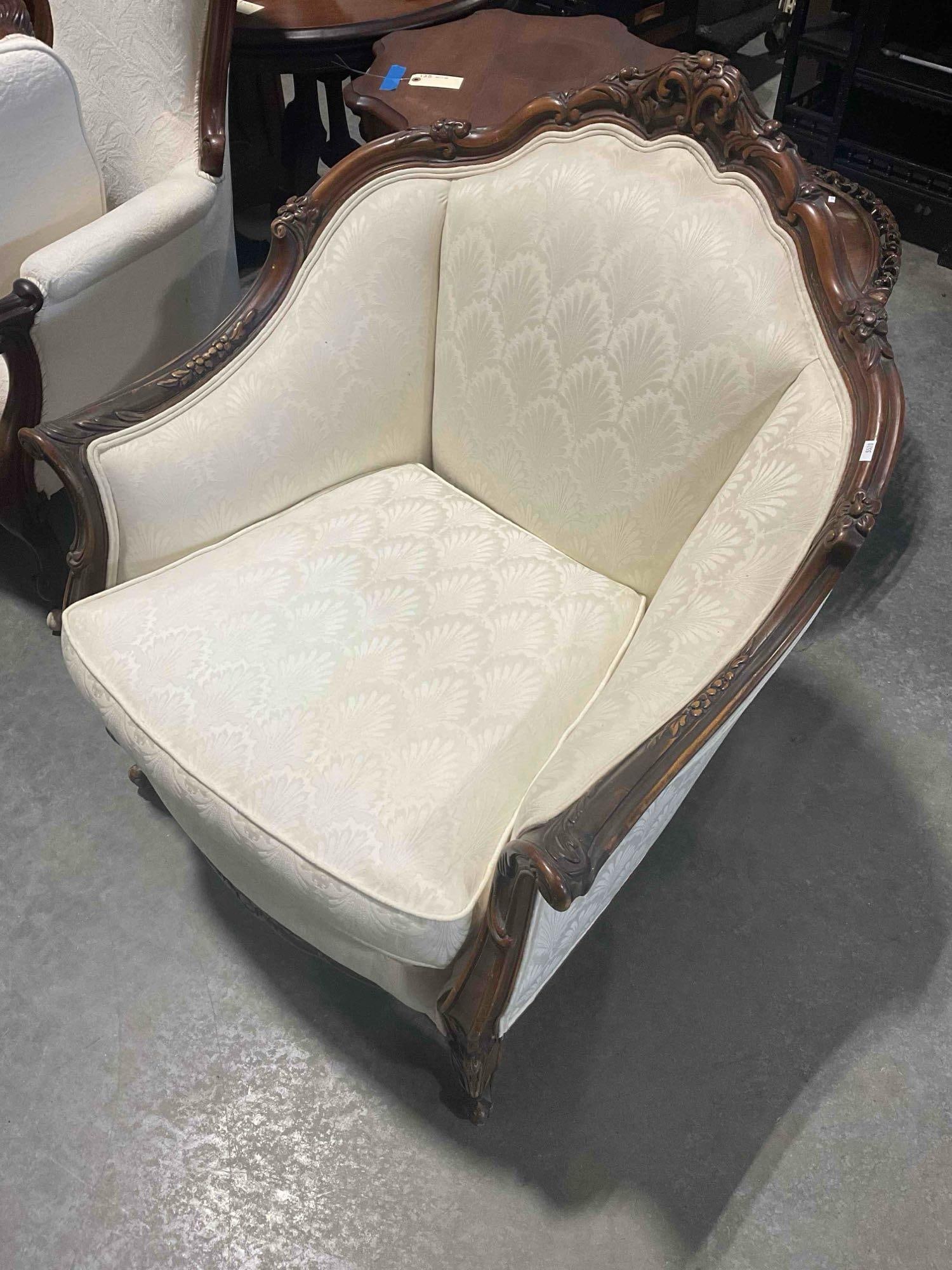 Antique Louis XV Bergere Style Armchair w/ Beautiful Ivory Scalloped Fabric. Excellent Condition. - 2