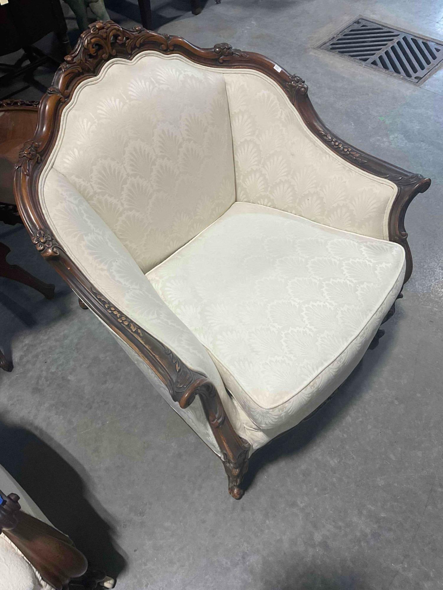 Antique Louis XV Bergere Style Armchair w/ Beautiful Ivory Scalloped Fabric. Excellent Condition. - 3