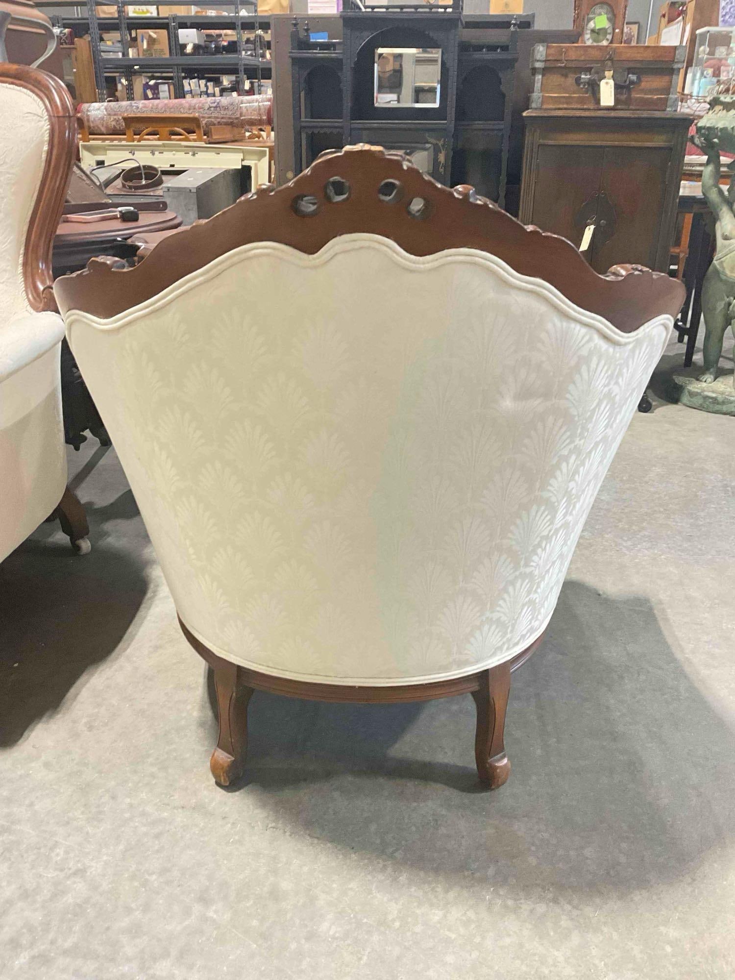 Antique Louis XV Bergere Style Armchair w/ Beautiful Ivory Scalloped Fabric. Excellent Condition. - 5