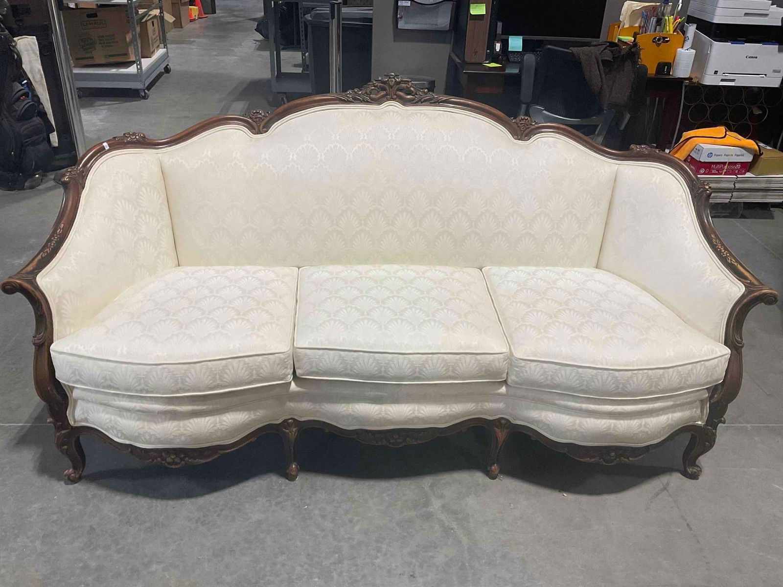 Vintage/ Antique Louis XV Style 3-Seat Couch w/ Beautiful Ivory Scalloped Fabric. Excellent Cond. (1 of 7)