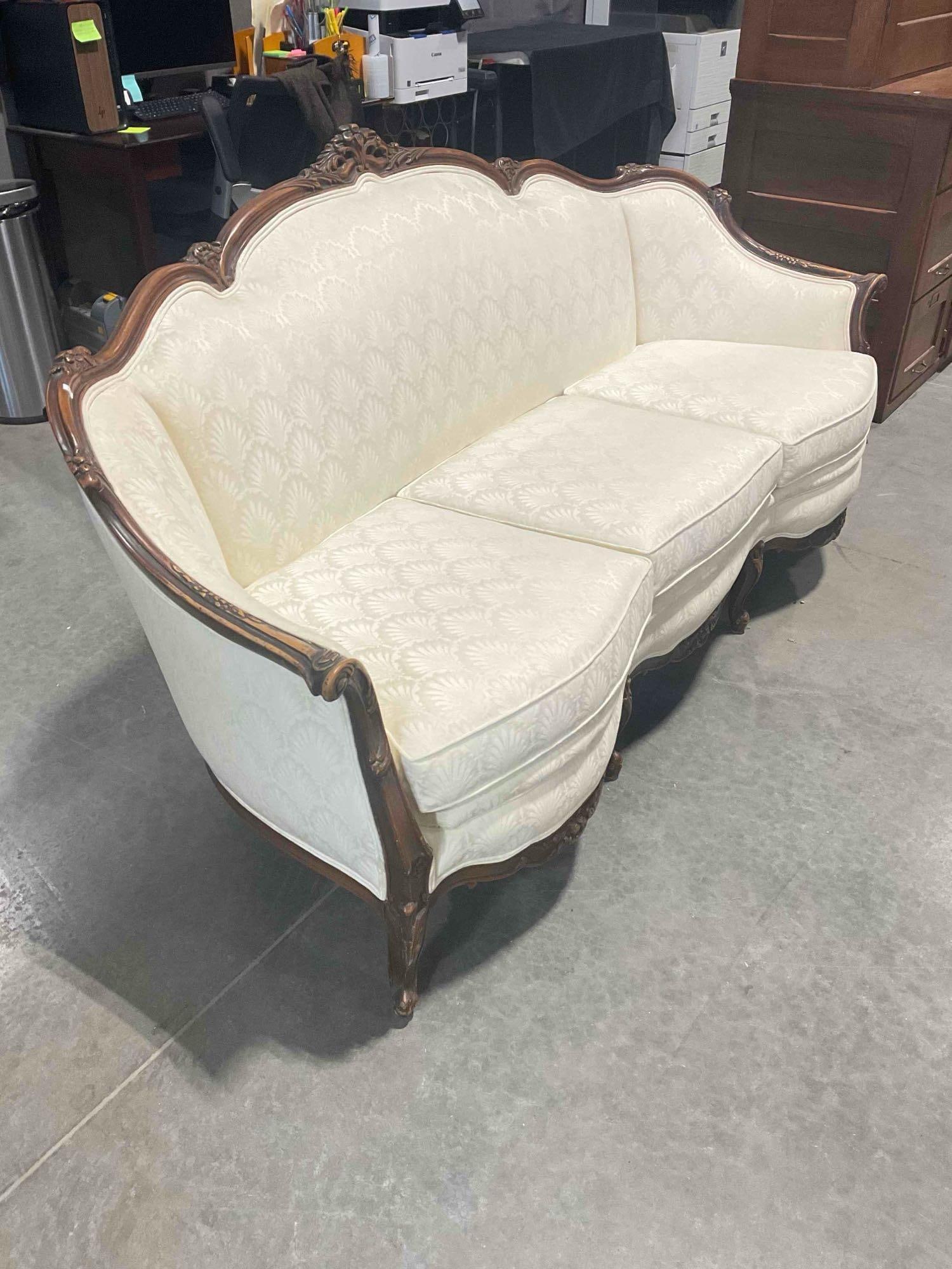 Vintage/ Antique Louis XV Style 3-Seat Couch w/ Beautiful Ivory Scalloped Fabric. Excellent Cond. - 2