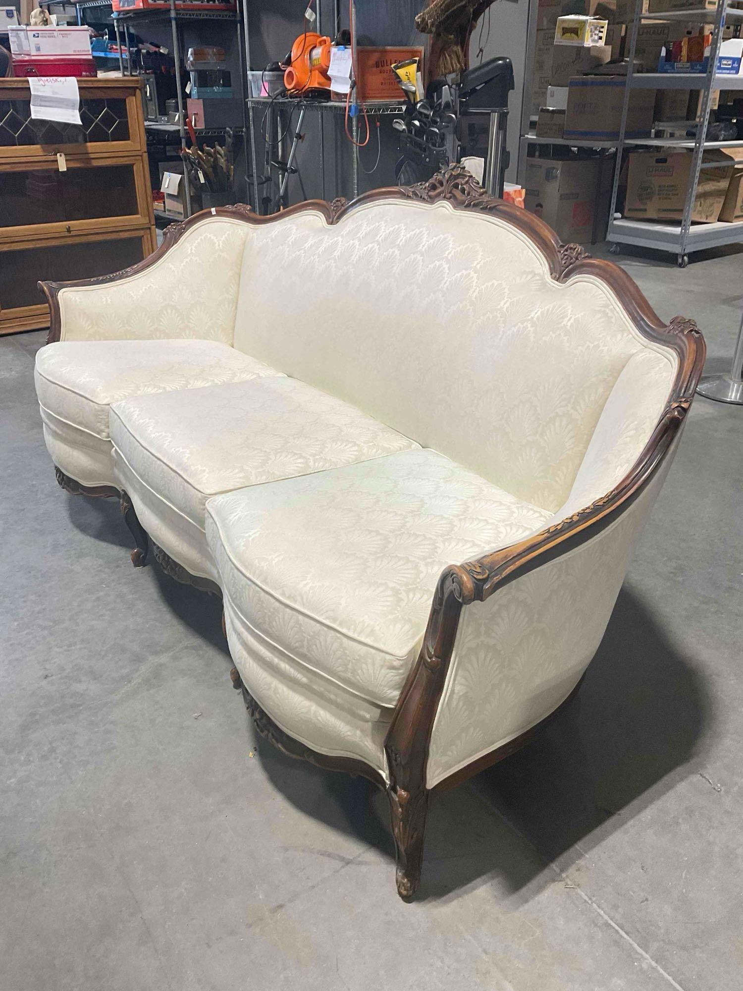 Vintage/ Antique Louis XV Style 3-Seat Couch w/ Beautiful Ivory Scalloped Fabric. Excellent Cond. - 3