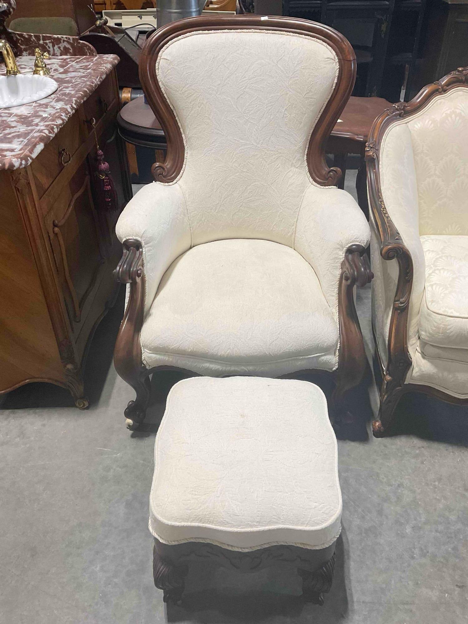 Antique Parlor Chair & Ottoman w/ Castors & Modern Ivory Upholstery. Excellent Condition.: Antique Parlor Chair & Ottoman w/ Castors & Modern Ivory Upholstery. Chair looks to be mahogany? Excellent Condition. Bottom of is ottoman is cracked, condition is otherwise excellent.