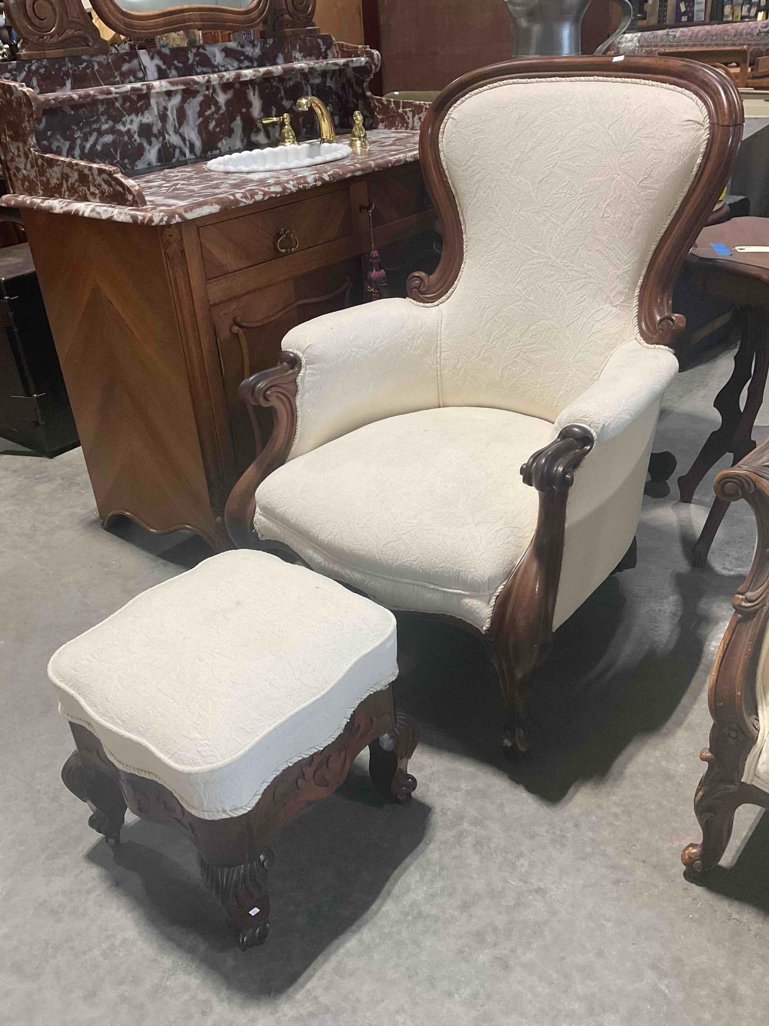 Antique Parlor Chair & Ottoman w/ Castors & Modern Ivory Upholstery. Excellent Condition. - 2