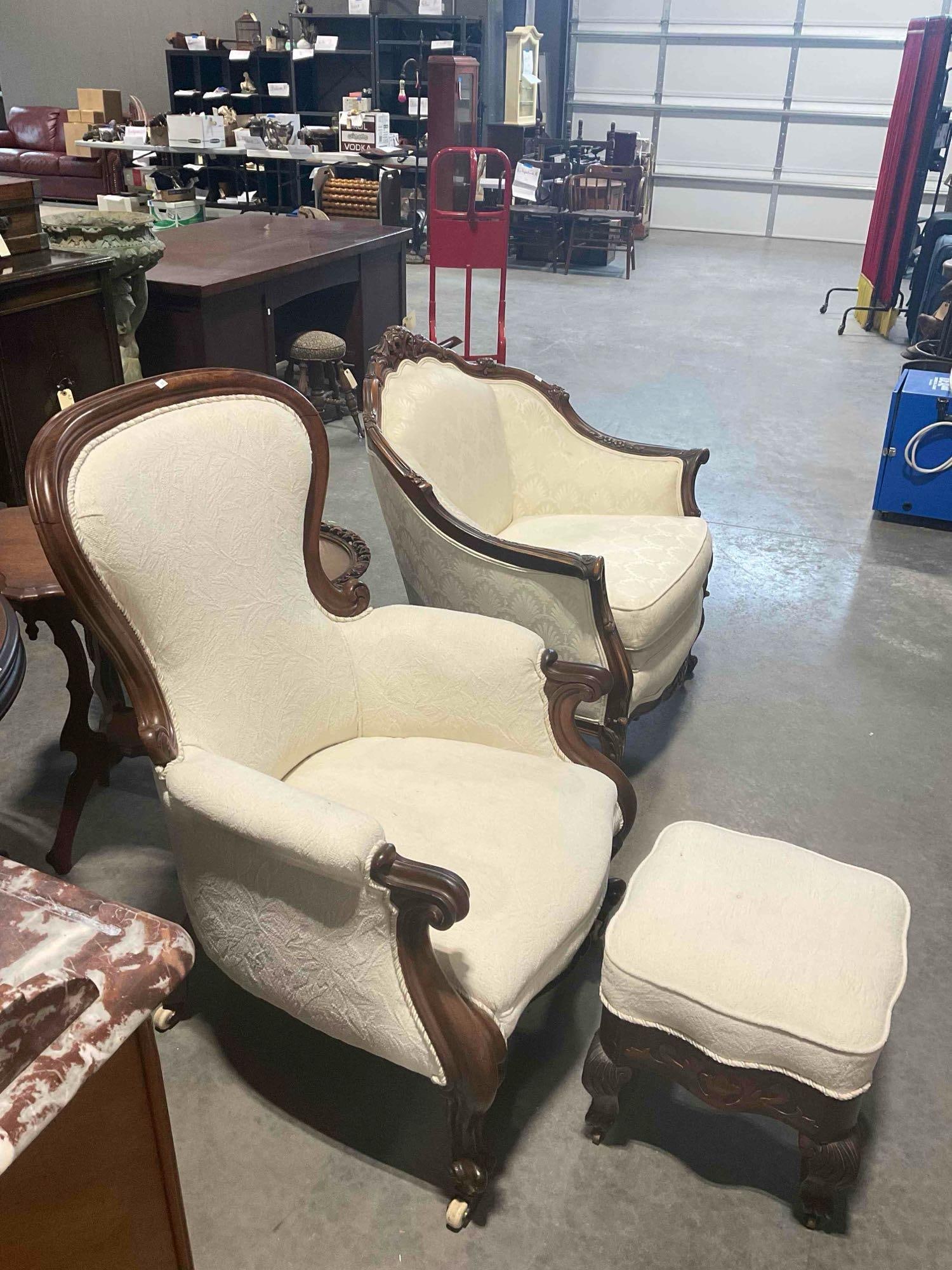 Antique Parlor Chair & Ottoman w/ Castors & Modern Ivory Upholstery. Excellent Condition. - 3