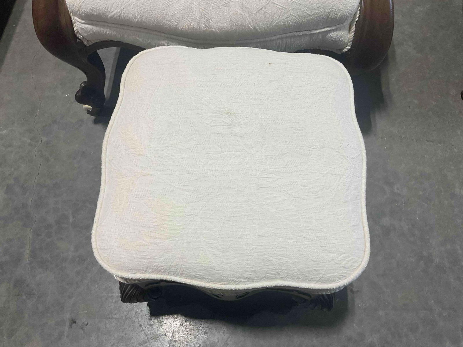 Antique Parlor Chair & Ottoman w/ Castors & Modern Ivory Upholstery. Excellent Condition. - 4