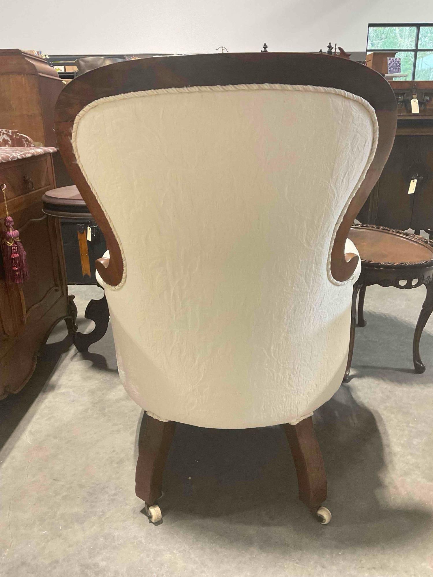 Antique Parlor Chair & Ottoman w/ Castors & Modern Ivory Upholstery. Excellent Condition. - 5