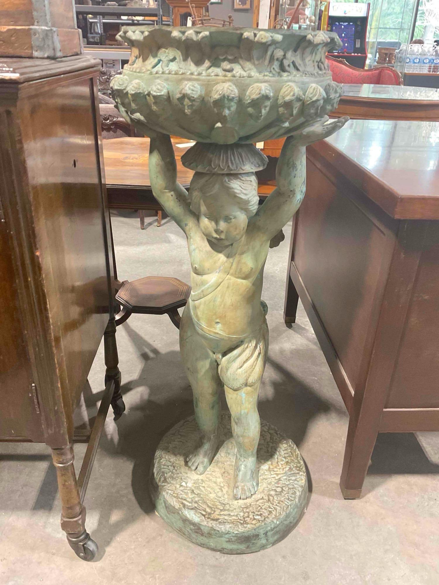 Vintage Greco-Roman Style Patinated Metal Putto/Cupid Bird Bath. Excellent Condition. See pics.: Vintage Greco-Roman Style Patinated Metal Putto/Cupid Bird Bath. Minor wear, otherwise in Excellent Condition. Measures 19" x 19" x 41" DM-5520 *Freight Required if shipped, Buyer