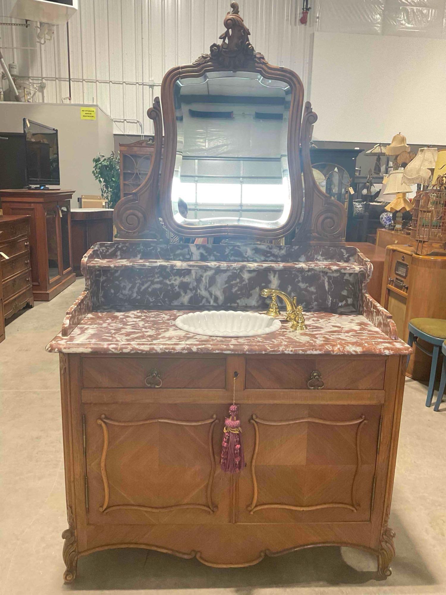 Gorgeous Antique Red & White Marble Topped Vanity w/ Mirror & Plumbing. Excellent Condition.: Gorgeous Antique Red & White Marble Topped Vanity w/ Mirror & Modern Plumbing. Incredible Louis XV style piece w/ parquet marquetry, elaborate carvings and incredible stone counter. Two
