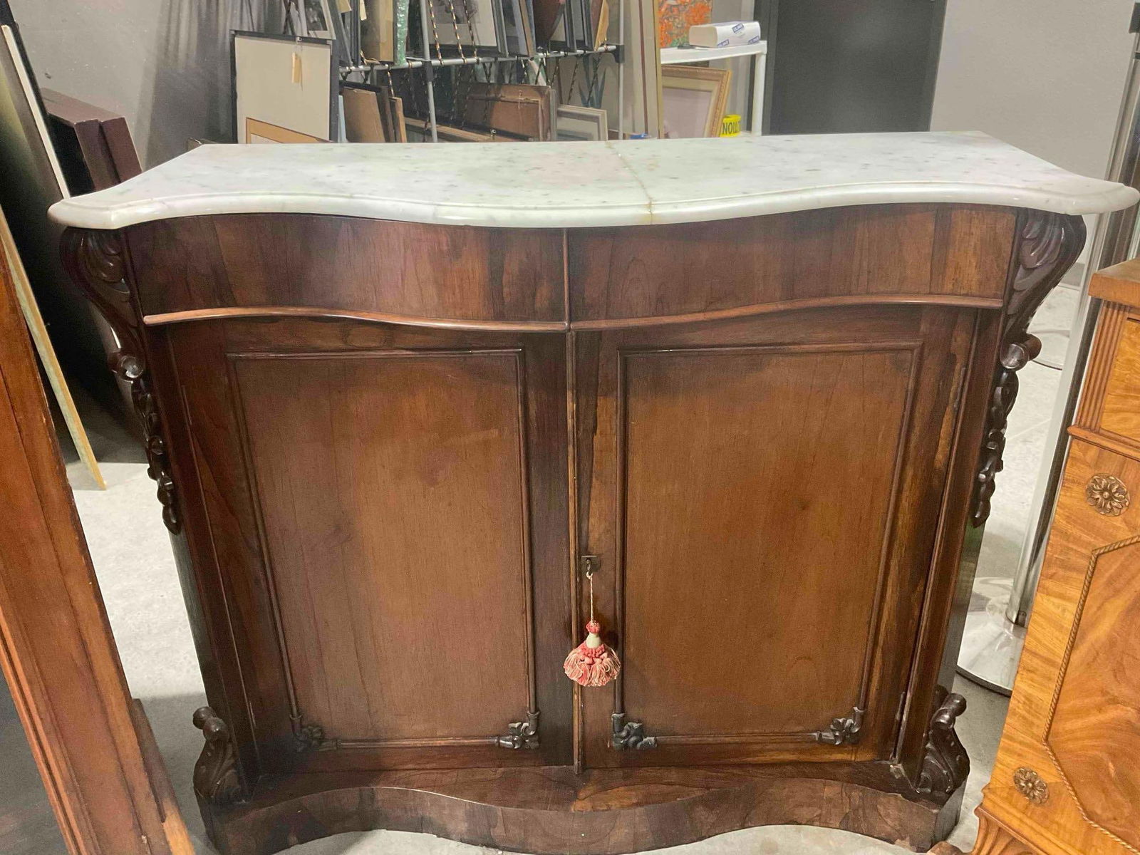 Antique Mahogany? Sideboard Credenza w/ Grey Marble Top, 2 Drawers & Cupboard. See pics.: Antique Mahogany? Sideboard Credenza w/ Grey Marble Top, 2 Drawers & Cupboard. Could be walnut? Lovely wood and nice serpentine shape. One door is off its bottom hinges, marble is cracked,