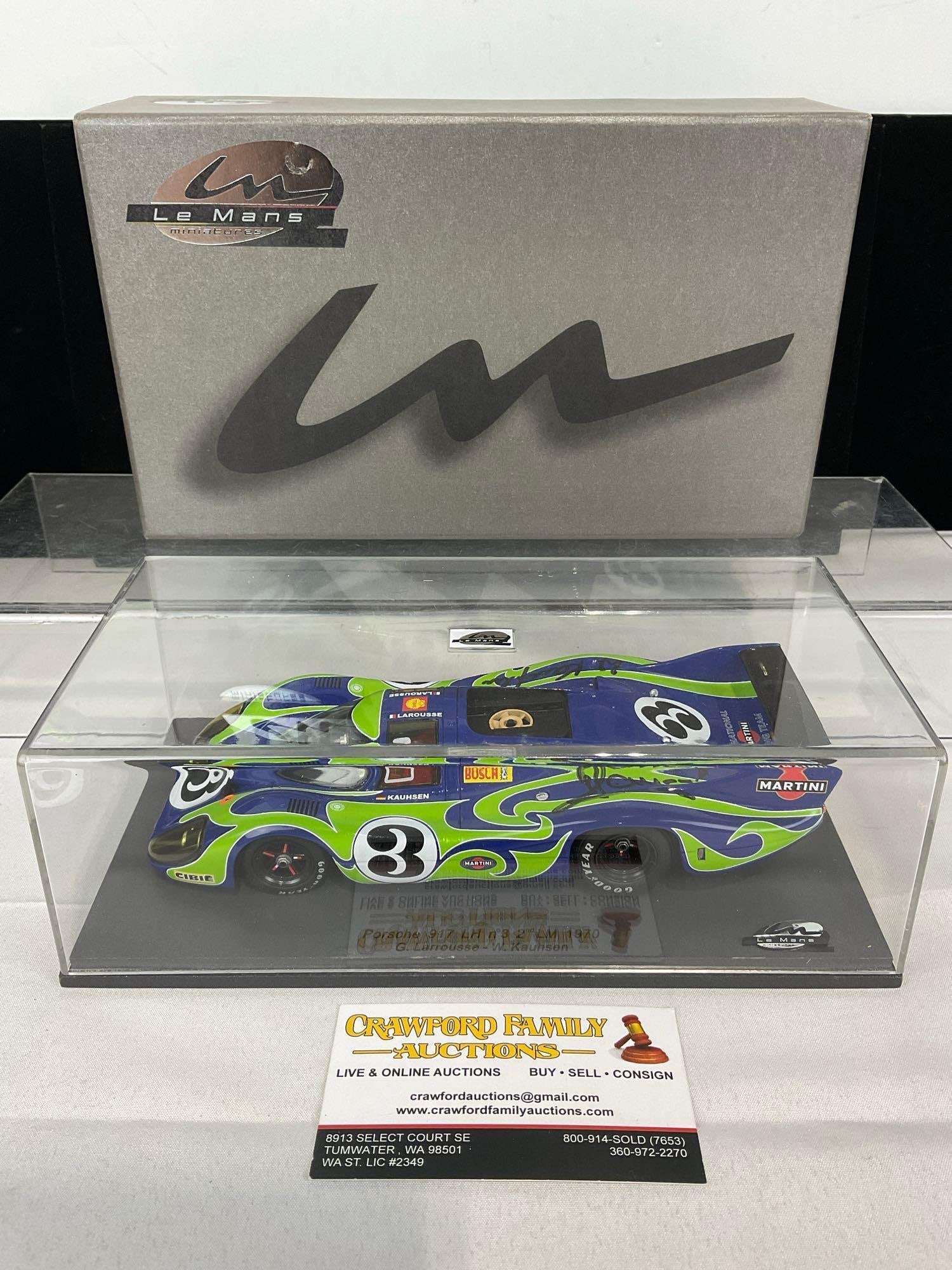 Le Mans Miniatures 1970 Porsche 917 LH #3 LM, 1/18 Scale Diecast Car Model, Signed by both Drivers: The car itself is signed Gerard Larrousse & Willy Kauhsen. Appears to be in good shape. The piece measures approx 5h x 11w x 7d inches. See pics. E-5420 
