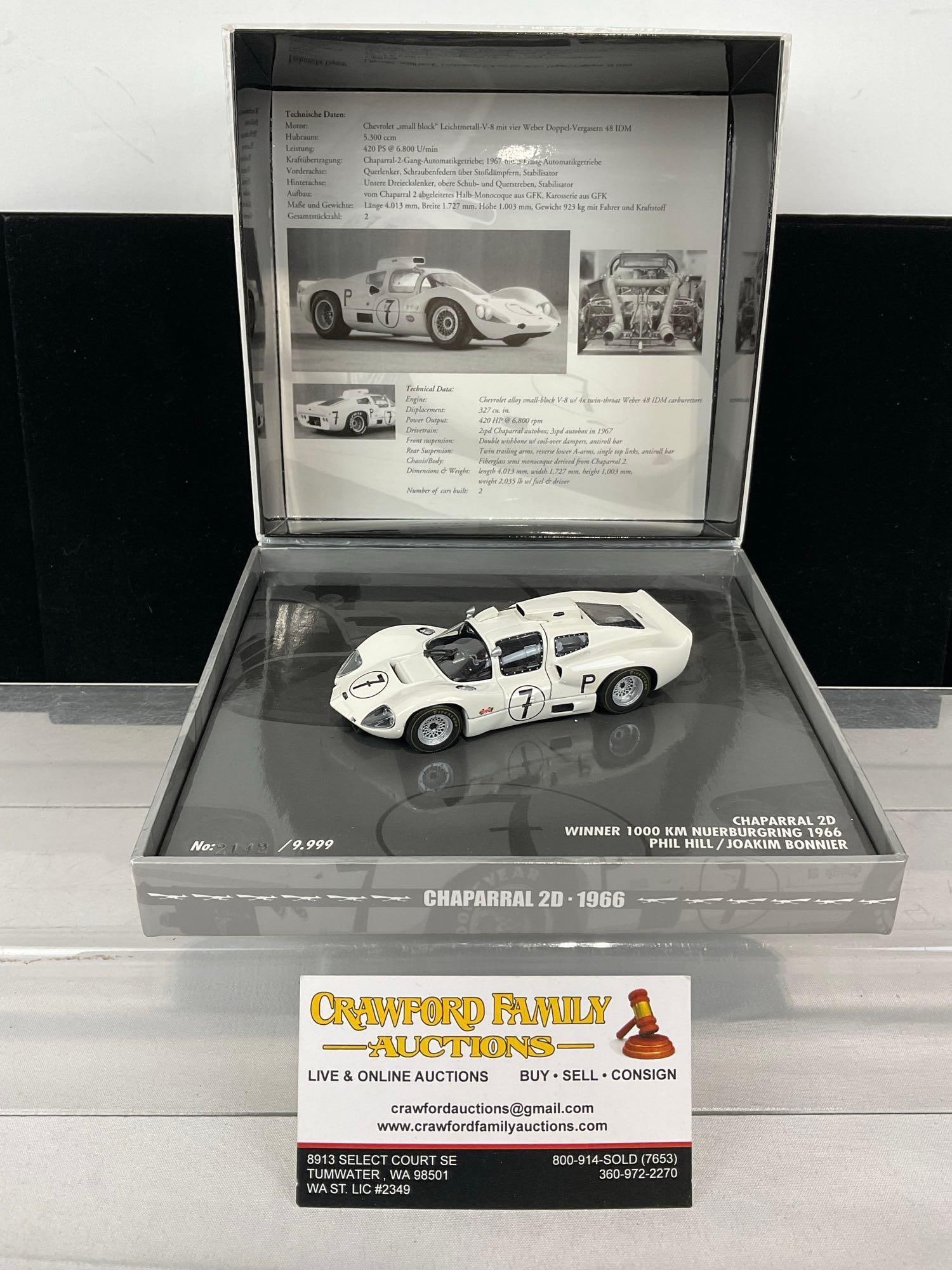 Minichamps 1966 Chaparral 2D Nurburgring, Signed by Hill & Bonnier, 1/43 Scale Diecast Car Model: The top of the box is signed by Phil Hill & Jo BonnierAppears to be in good shape. The piece measures approx 4h x 8w x 7d inches. See pics. E-5420 