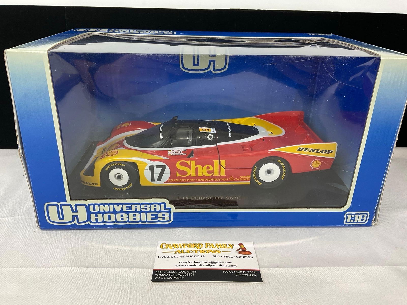 UH 1988 Porsche 962C LM 24H 1/18 Scale Diecast Car Model w/box: Appears to be in fair to good shape, the spoiler fin comes off. The piece measures approx 8h x 15w x 8d inches. See pics. E-5420 