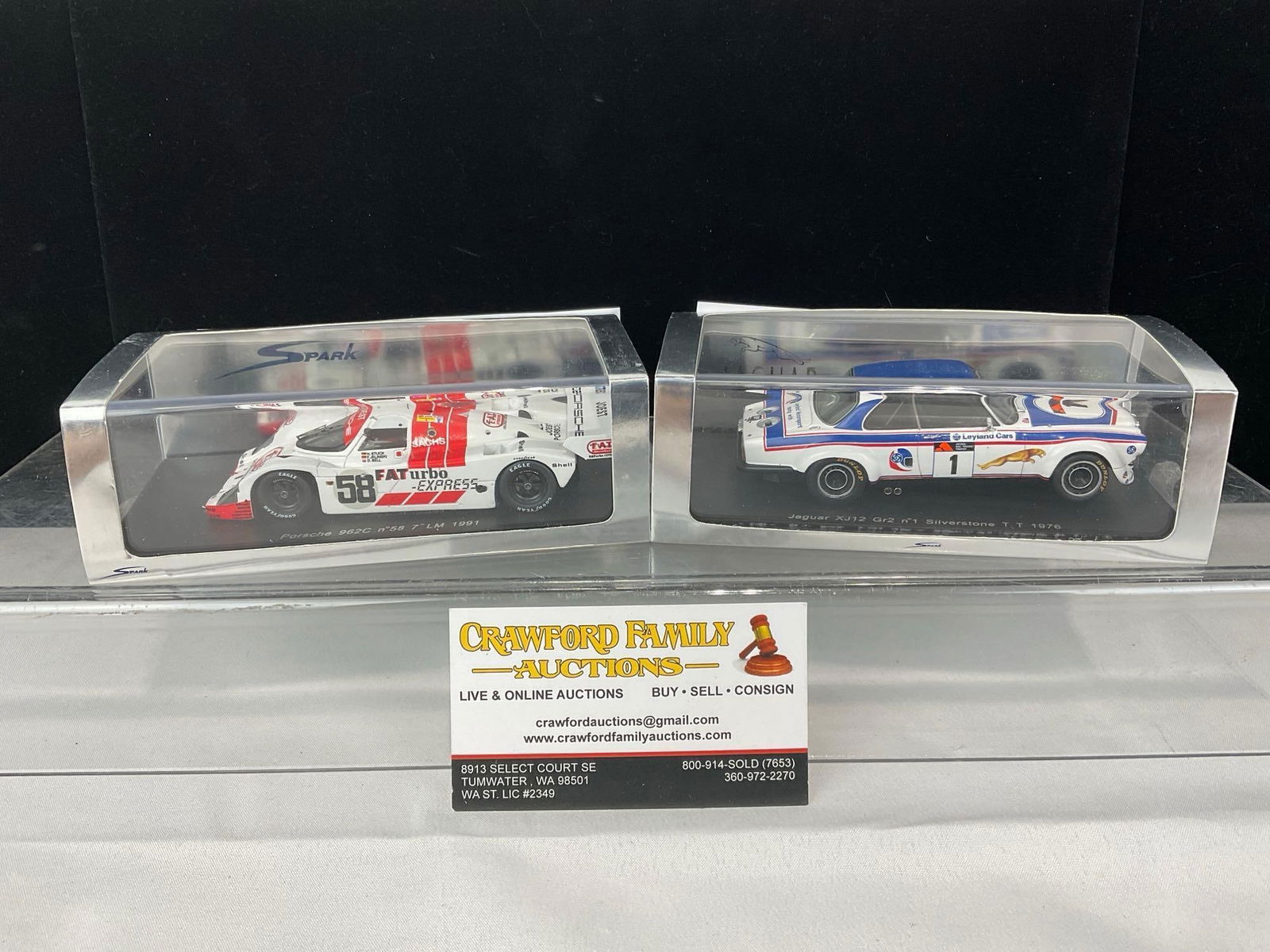 2 Spark 1/43 Scale Diecast Car Models 76 Jaguar XJ12 & 91 Porsche 962C LM24H, Derek Bell: Appears to be in good shape. The piece measures approx 5h x 7w x 4d inches. See pics. E-5420 
