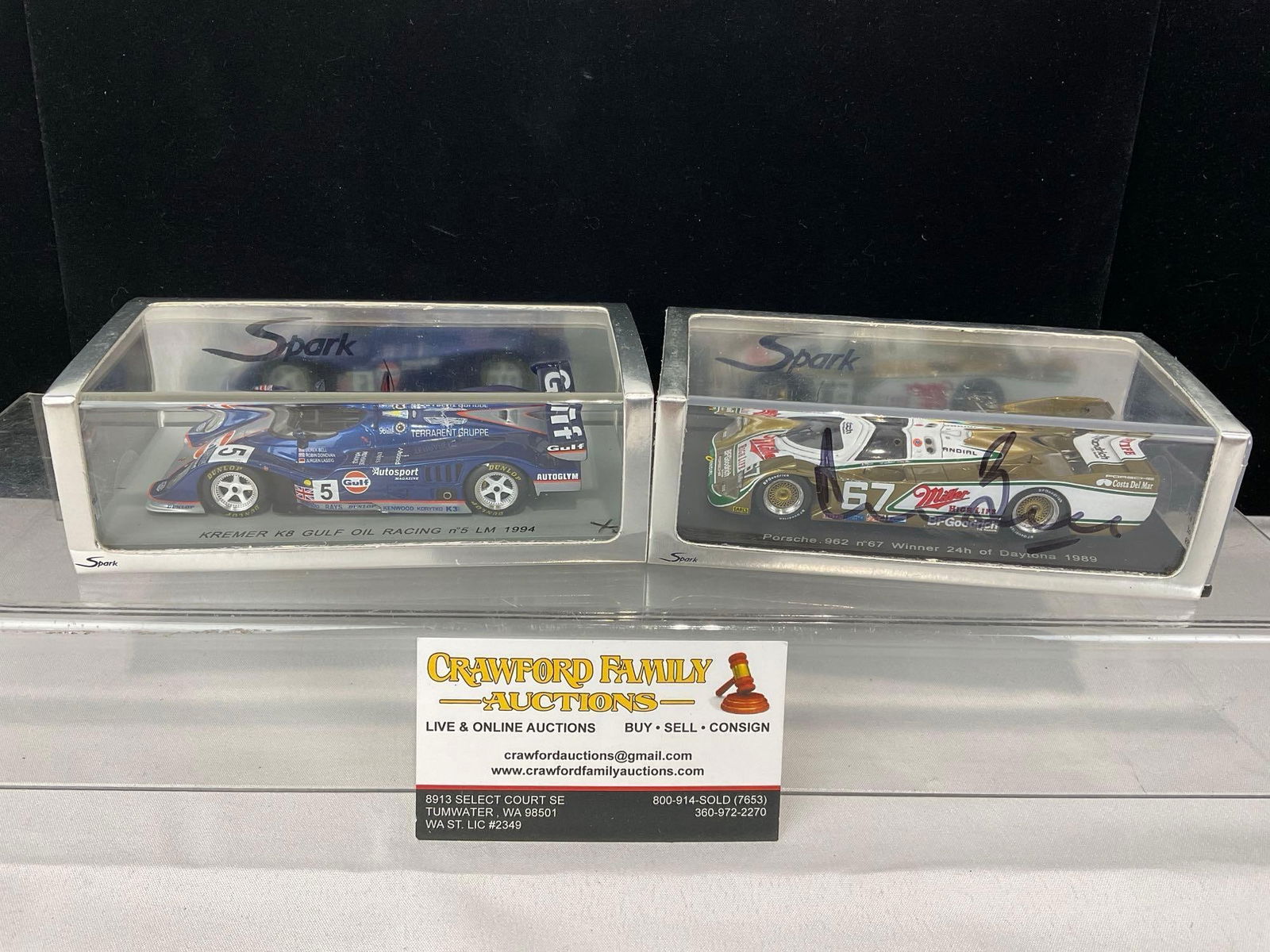 2 Spark 1/43 Scale Diecast Car Models, 1989 Porsche 962 & 1994 Kremer K8 LM 24H: One acrylic cover is signed by the driver, Derek Bell. Appears to be in good shape. The piece measures approx 5h x 7w x 4d inches. See pics. E-5420 