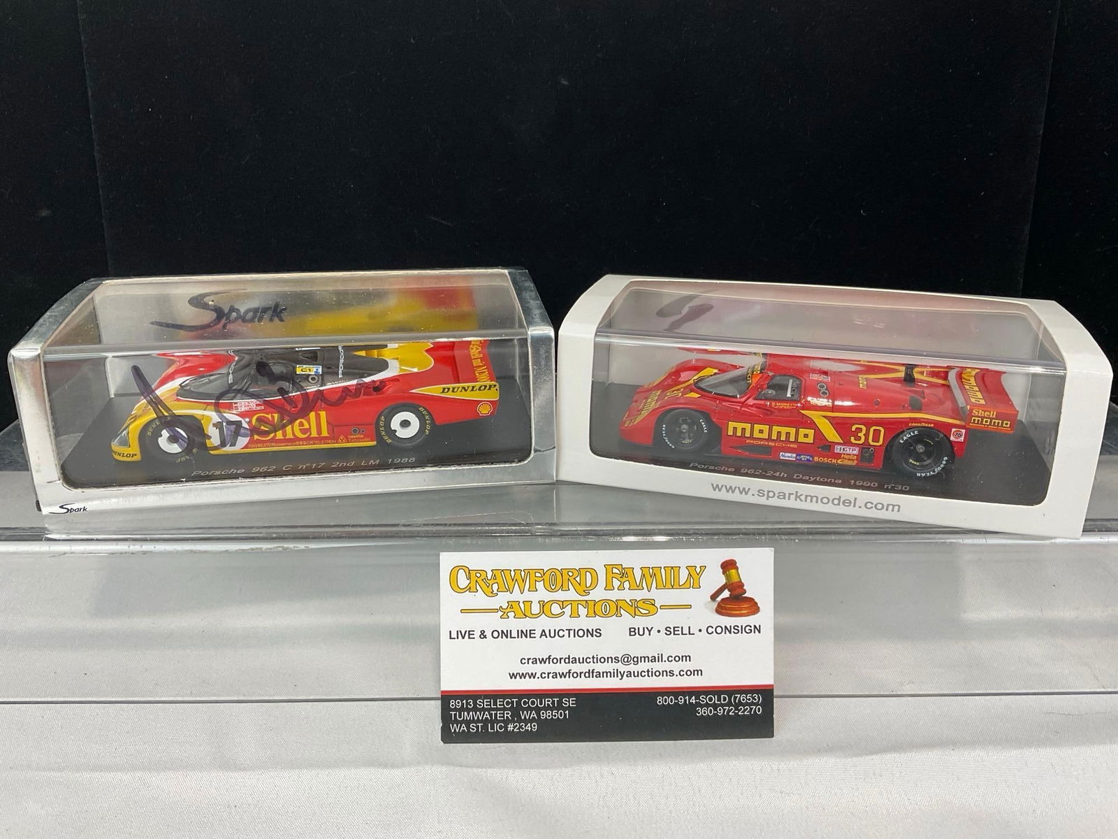2 1/43 Scale Diecast Car Models, 2x Porsche 962 LM 1988 & Daytona 1990, Signed by Driver: One cover is signed by Derek Bell. Appears to be in good shape. The piece measures approx 6h x 7w x 4d inches. See pics. E-5420 