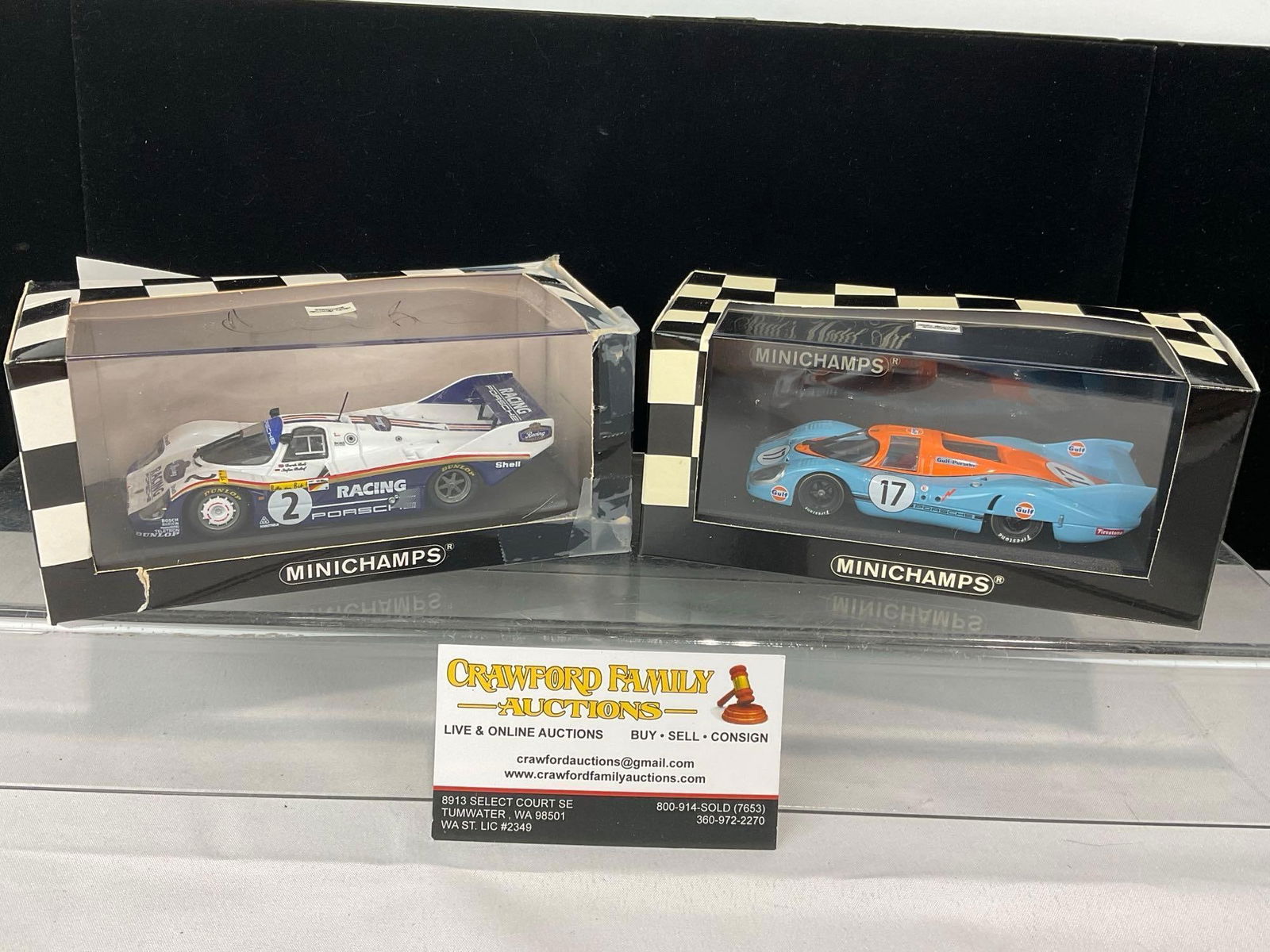 2 Minichamps 1/43 Scale Diecast Car Models, 71 Porsche 917 & 83 Porsche 956K, 1 signed by Derek B...: One cover is signed by Derek Bell, fairly faint. Appears to be in good shape. The piece measures approx 6h x 7w x 4d inches. See pics. E-5420 