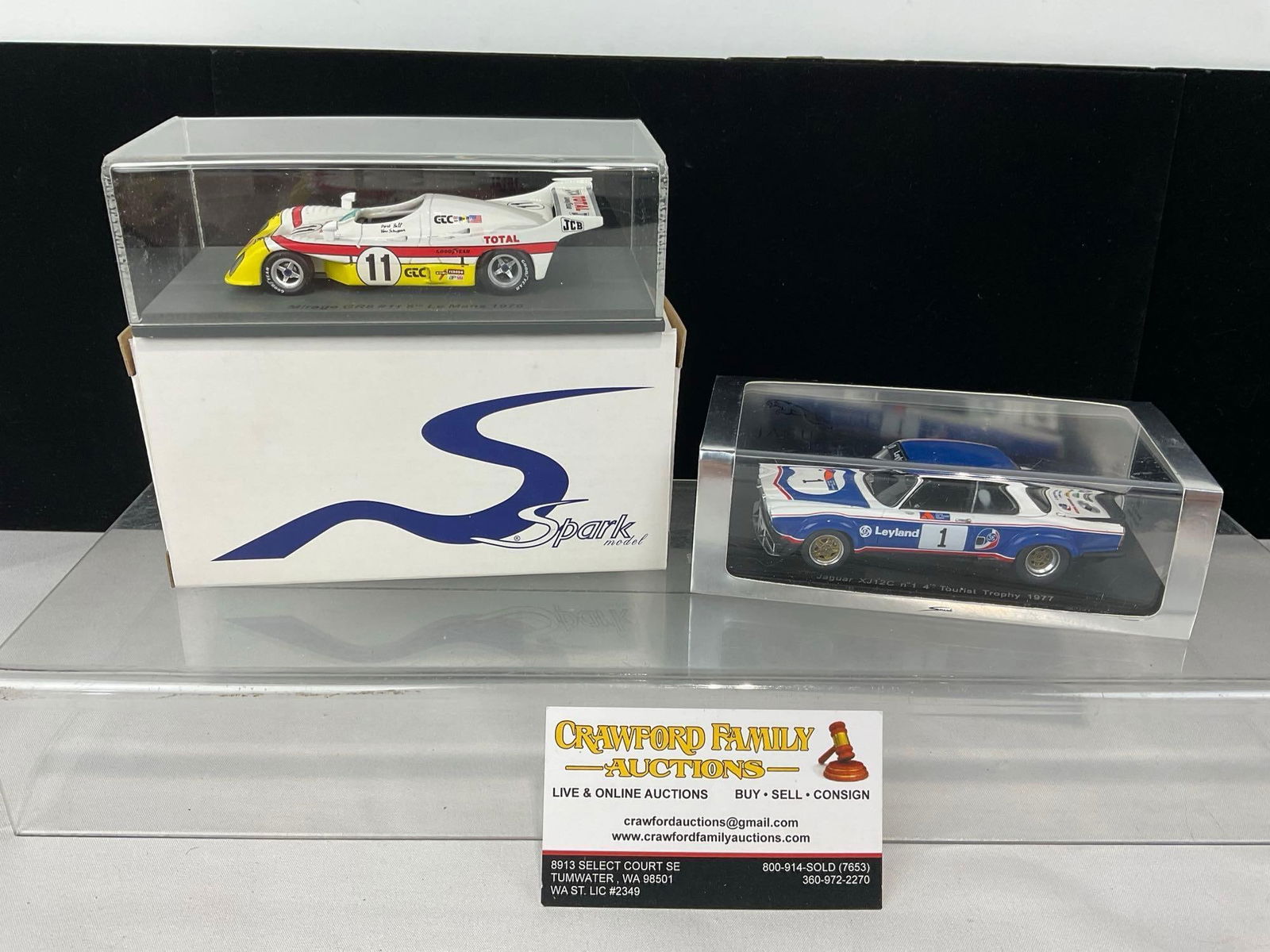 2 1/43 Scale Diecast Car Models, 1976 Mirage GR8 LM24H & 1977 Jaguar XJ12C TT, Derek Bell: Appears to be in good shape. The piece measures approx 6h x 7w x 4d inches. See pics. E-5420 