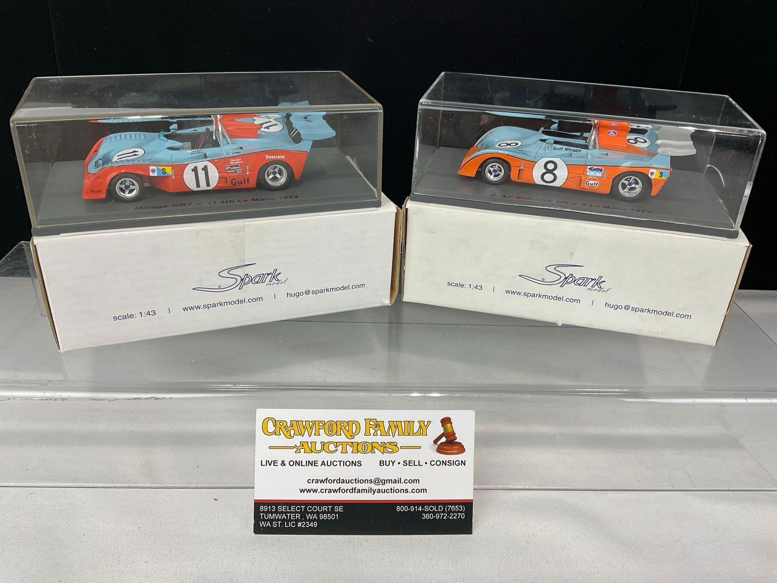 2 Spark 1/43 Scale Diecast Car Models, 2x Gulf Mirage, M6 #8 Le Mans 1973 & GR7 #11 LM1974: Appears to be in good shape. The piece measures approx 6h x 7w x 4d inches. See pics. E-5420 