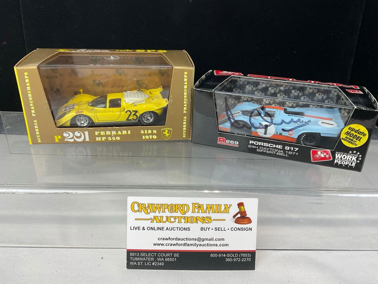 2 Brumm 1/43 Scale Diecast Car Models, Ferrari R201 & Porsche 907 1971 Daytona, signed by Derek B...: One cover is signed by the driver, Derek Bell. Appears to be in fair to good shape, some imperfections, uneven paint. The piece measures approx 6h x 7w x 4d inches. See pics. E-5420 