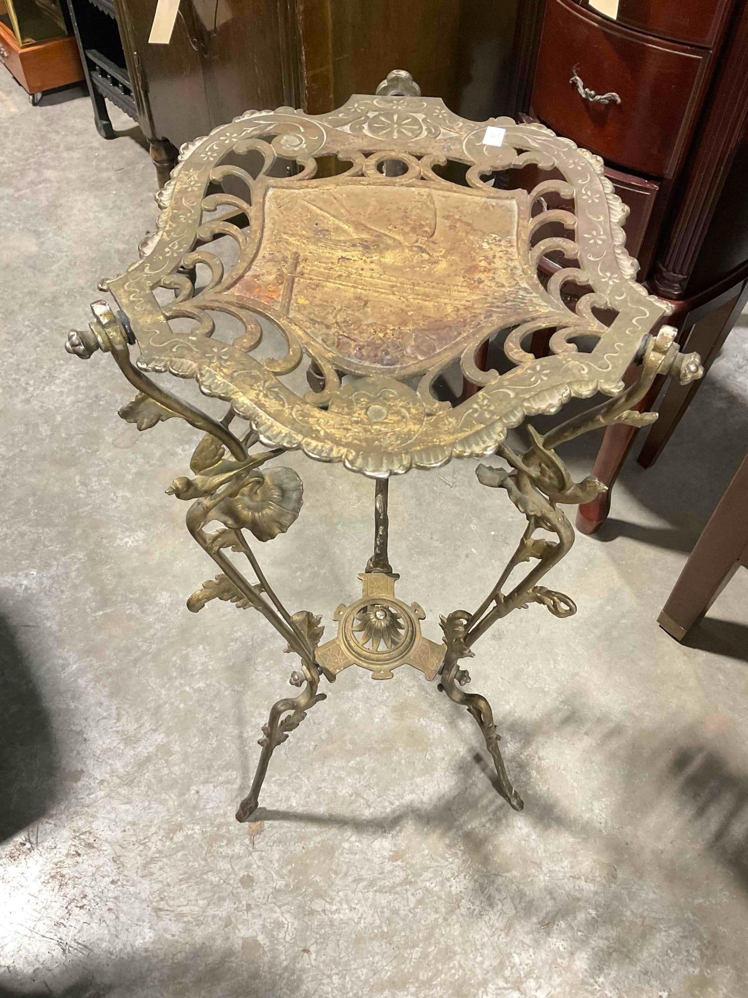 Gorgeous Antique Victorian Cast Brass Planter Stand w/ Ornate Flower & Bird Motifs. See pics.: Gorgeous Antique Victorian Cast Brass Planter Stand w/ Ornate Flower & Bird Motifs. Minor discoloration and wear indicative of age, otherwise in very good condition. Measures 14" x 13" x 31"