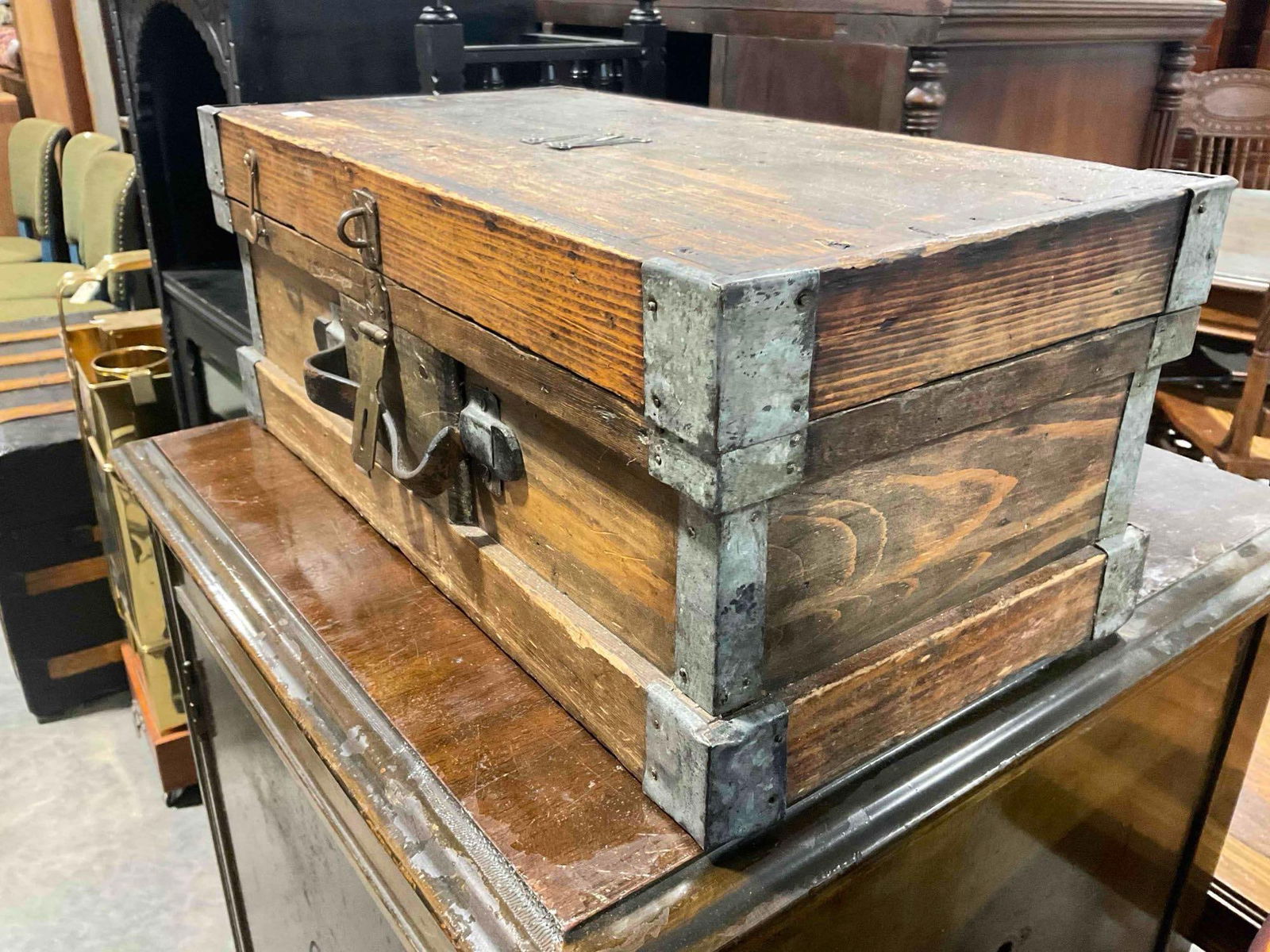 Handsome Vintage Primitive Wood & Metal Box w/ Monogram "N". Very Good Condition. - 2