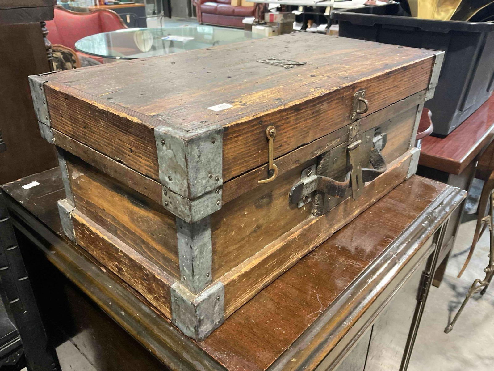 Handsome Vintage Primitive Wood & Metal Box w/ Monogram "N". Very Good Condition. - 3