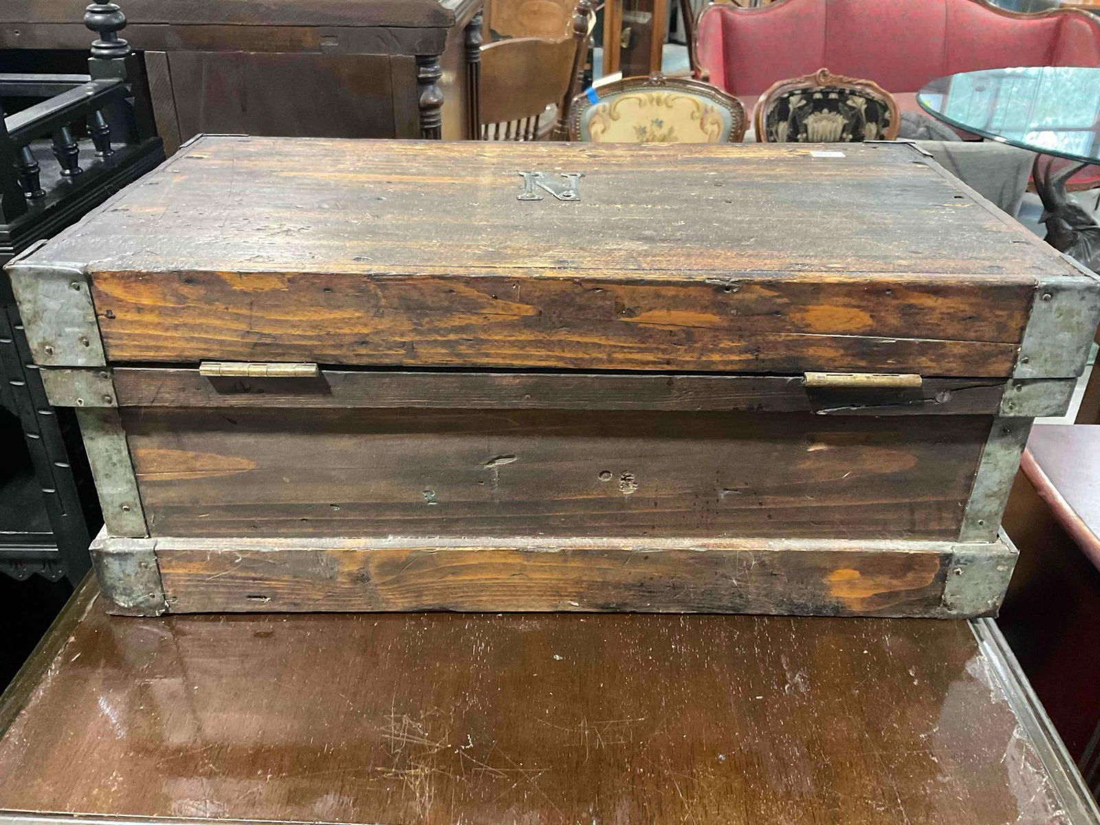 Handsome Vintage Primitive Wood & Metal Box w/ Monogram "N". Very Good Condition. - 5